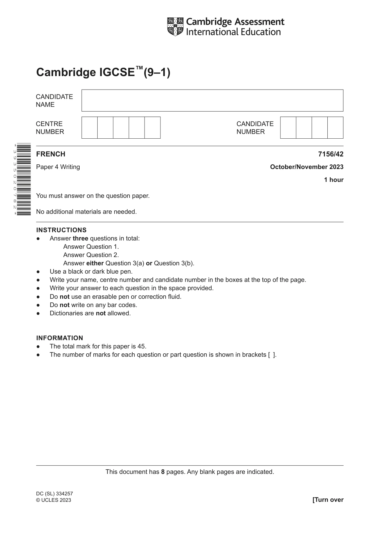 Cambridge IGCSE French (9-1) 7156 2023 Oct/Nov Paper 4 · Variant 2 question paper, page 1 of 8