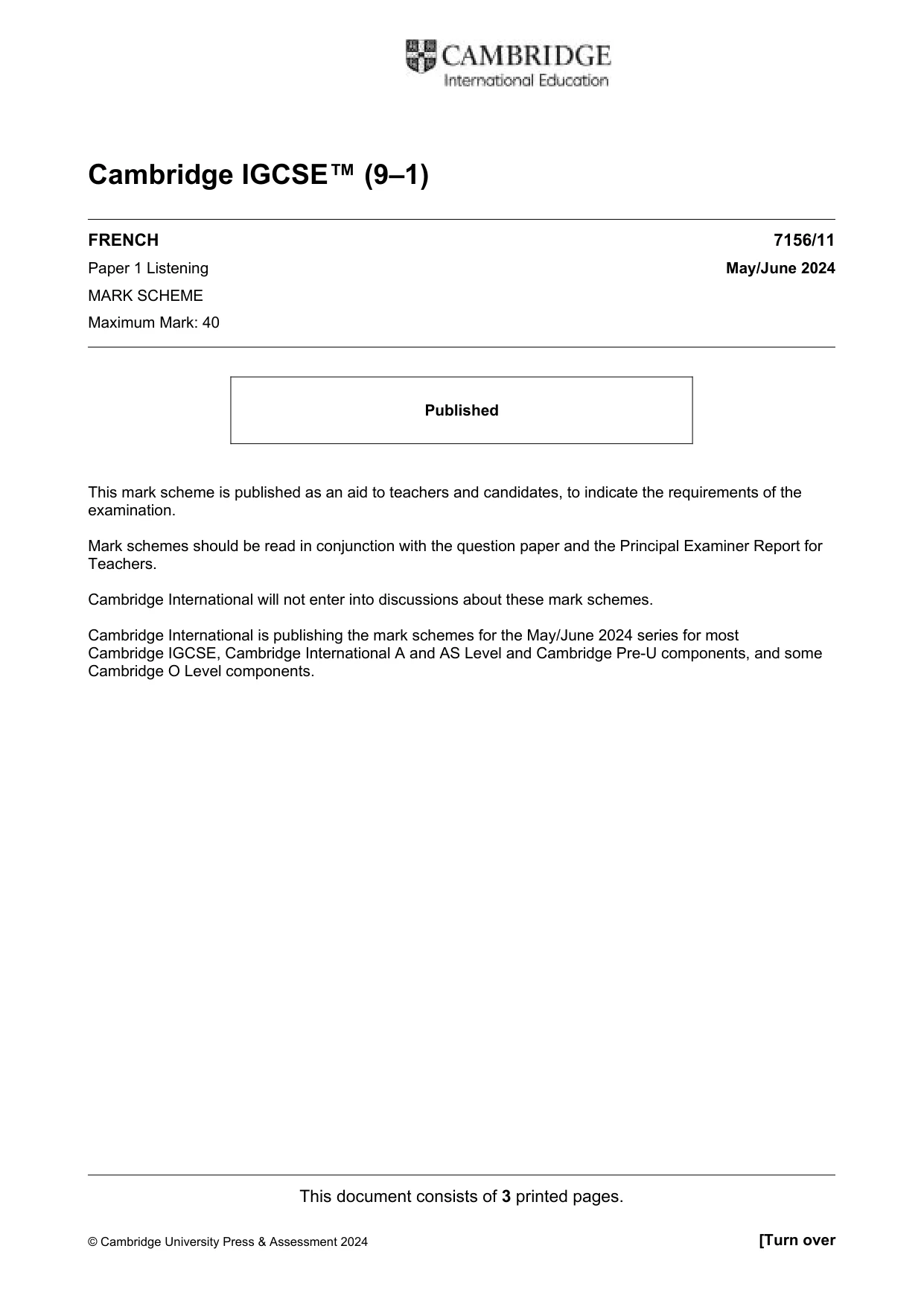 Mark scheme, page 1 of 3