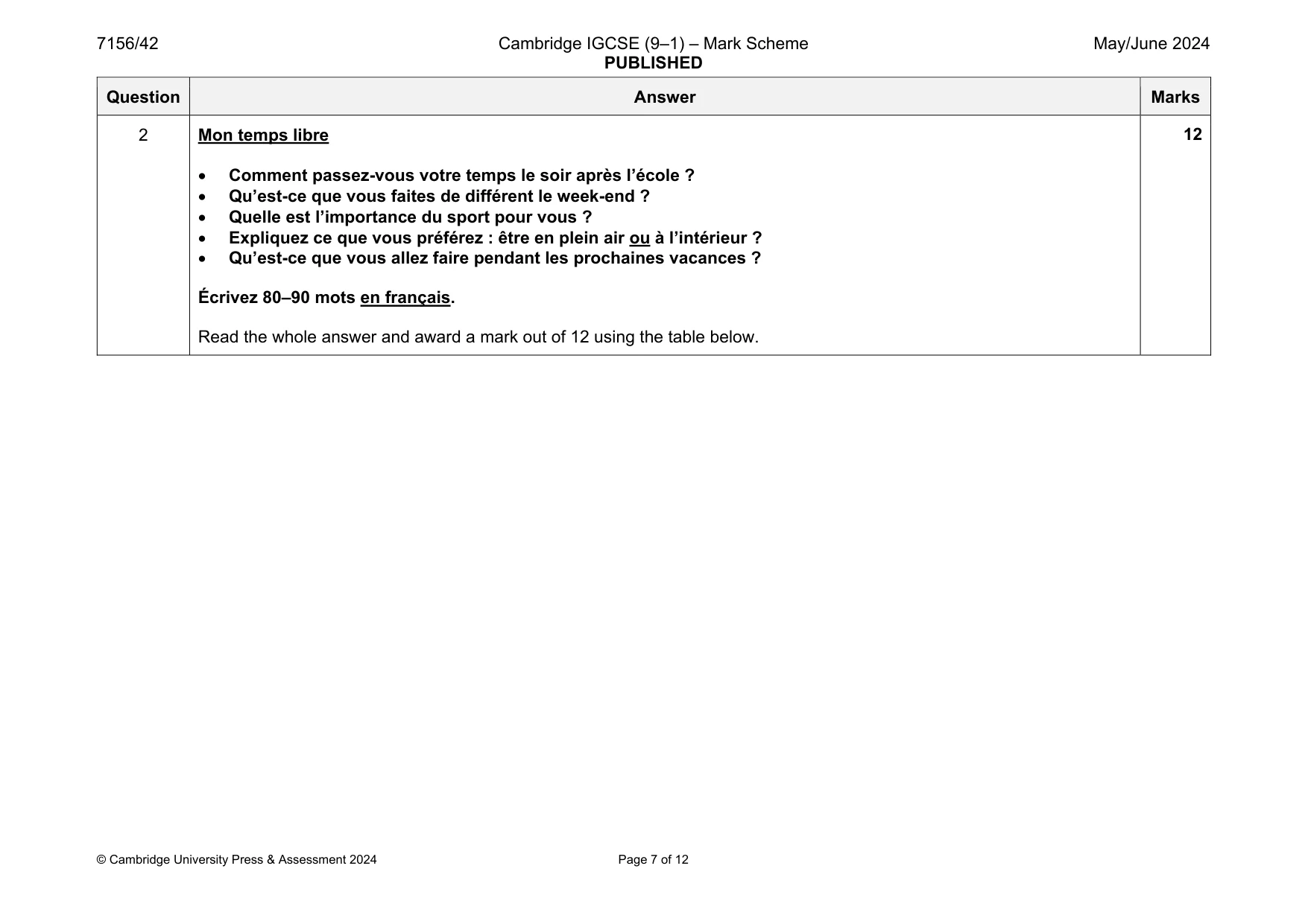 Mark scheme, page 7 of 12