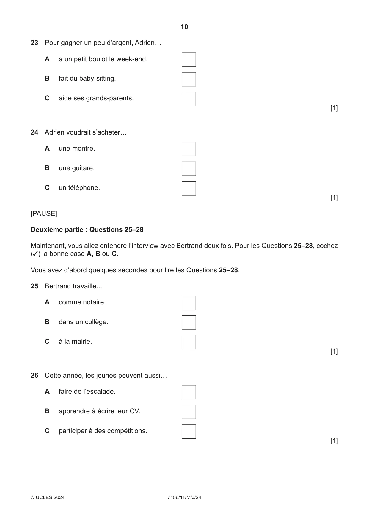 Cambridge IGCSE French (9-1) 7156 2024 May/June Paper 1 · Variant 1 question paper, page 10 of 16