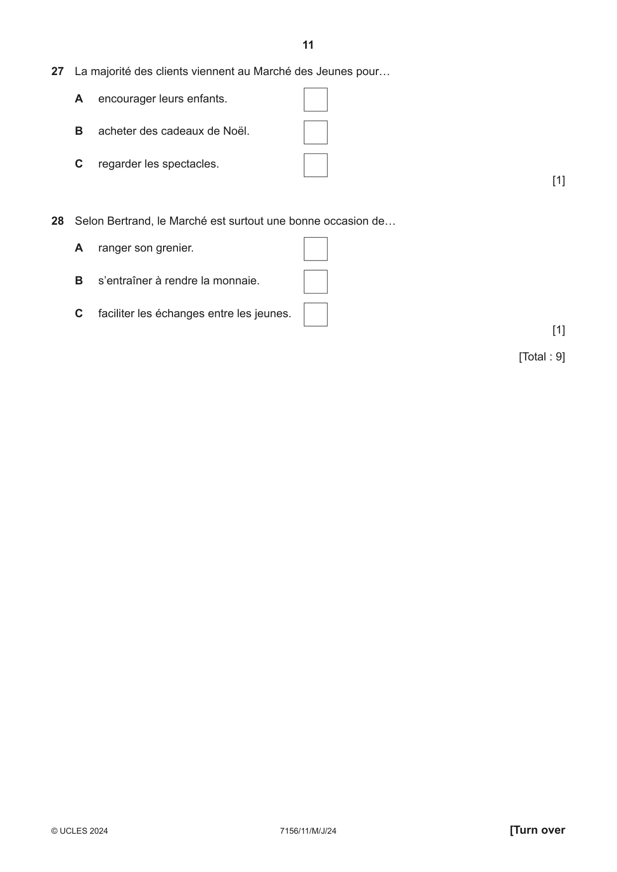 Cambridge IGCSE French (9-1) 7156 2024 May/June Paper 1 · Variant 1 question paper, page 11 of 16