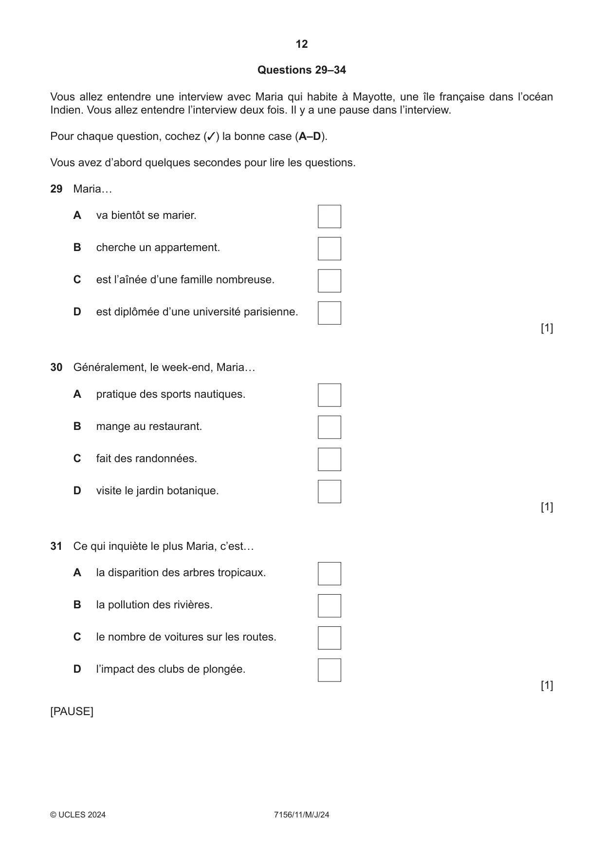 Cambridge IGCSE French (9-1) 7156 2024 May/June Paper 1 · Variant 1 question paper, page 12 of 16