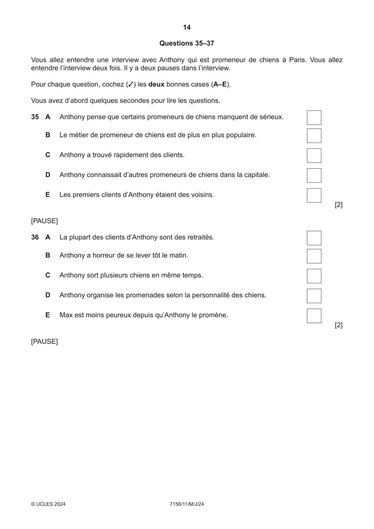 Cambridge IGCSE French (9-1) 7156 2024 May/June Paper 1 · Variant 1 question paper, page 14 of 16