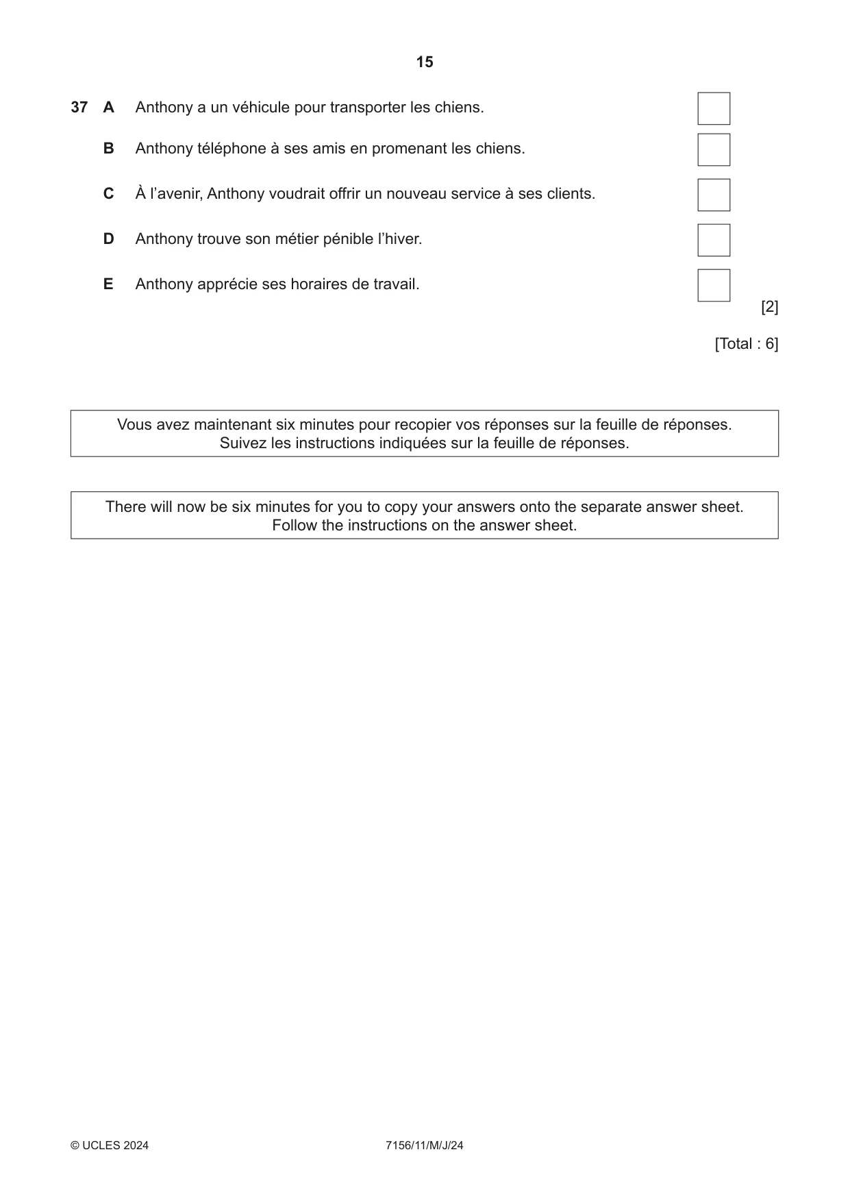 Cambridge IGCSE French (9-1) 7156 2024 May/June Paper 1 · Variant 1 question paper, page 15 of 16