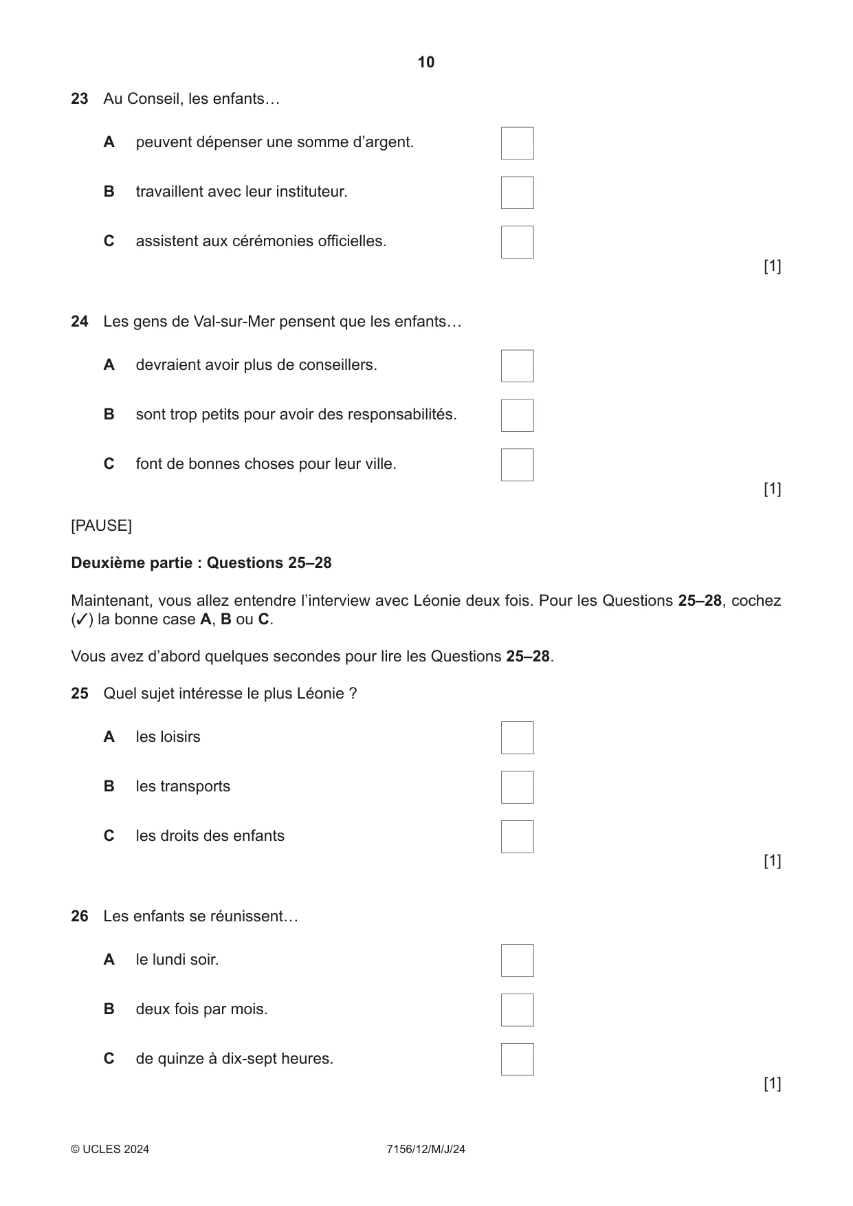 Cambridge IGCSE French (9-1) 7156 2024 May/June Paper 1 · Variant 2 question paper, page 10 of 16
