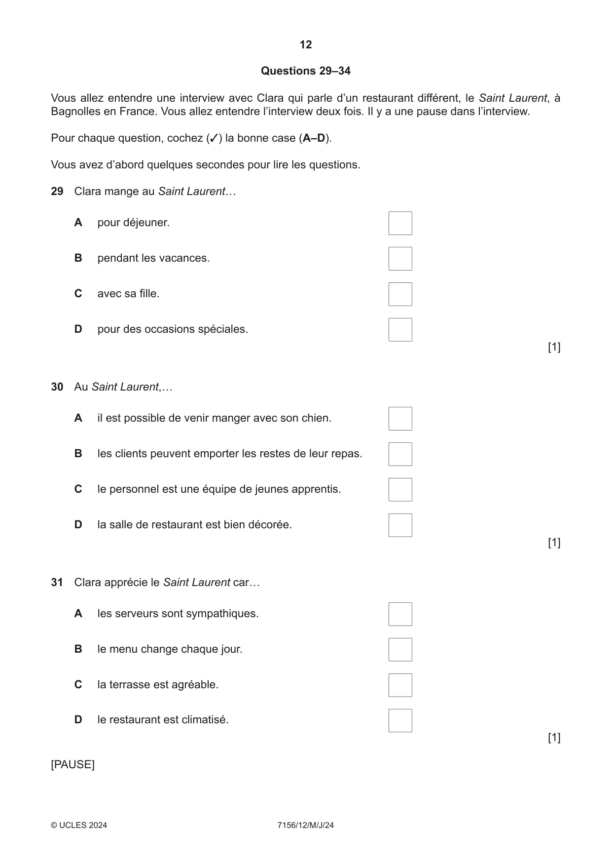 Cambridge IGCSE French (9-1) 7156 2024 May/June Paper 1 · Variant 2 question paper, page 12 of 16