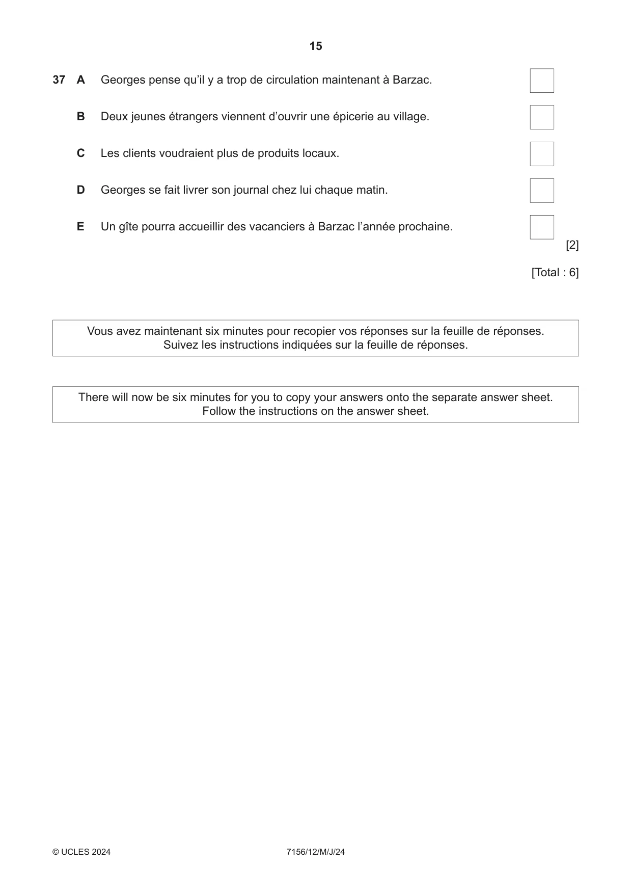 Cambridge IGCSE French (9-1) 7156 2024 May/June Paper 1 · Variant 2 question paper, page 15 of 16