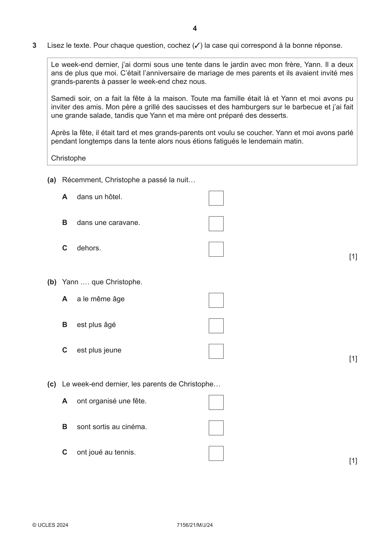 Cambridge IGCSE French (9-1) 7156 2024 May/June Paper 2 · Variant 1 question paper, page 4 of 12