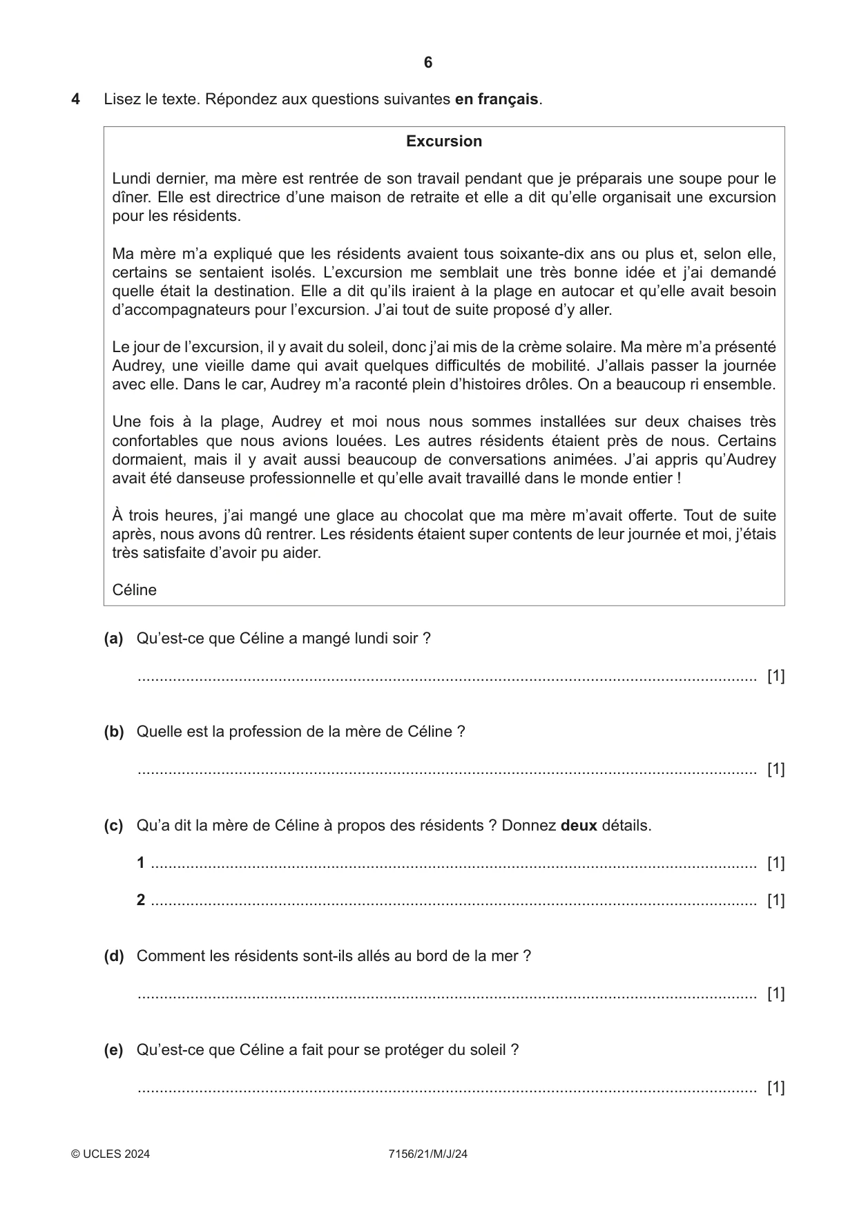 Cambridge IGCSE French (9-1) 7156 2024 May/June Paper 2 · Variant 1 question paper, page 6 of 12