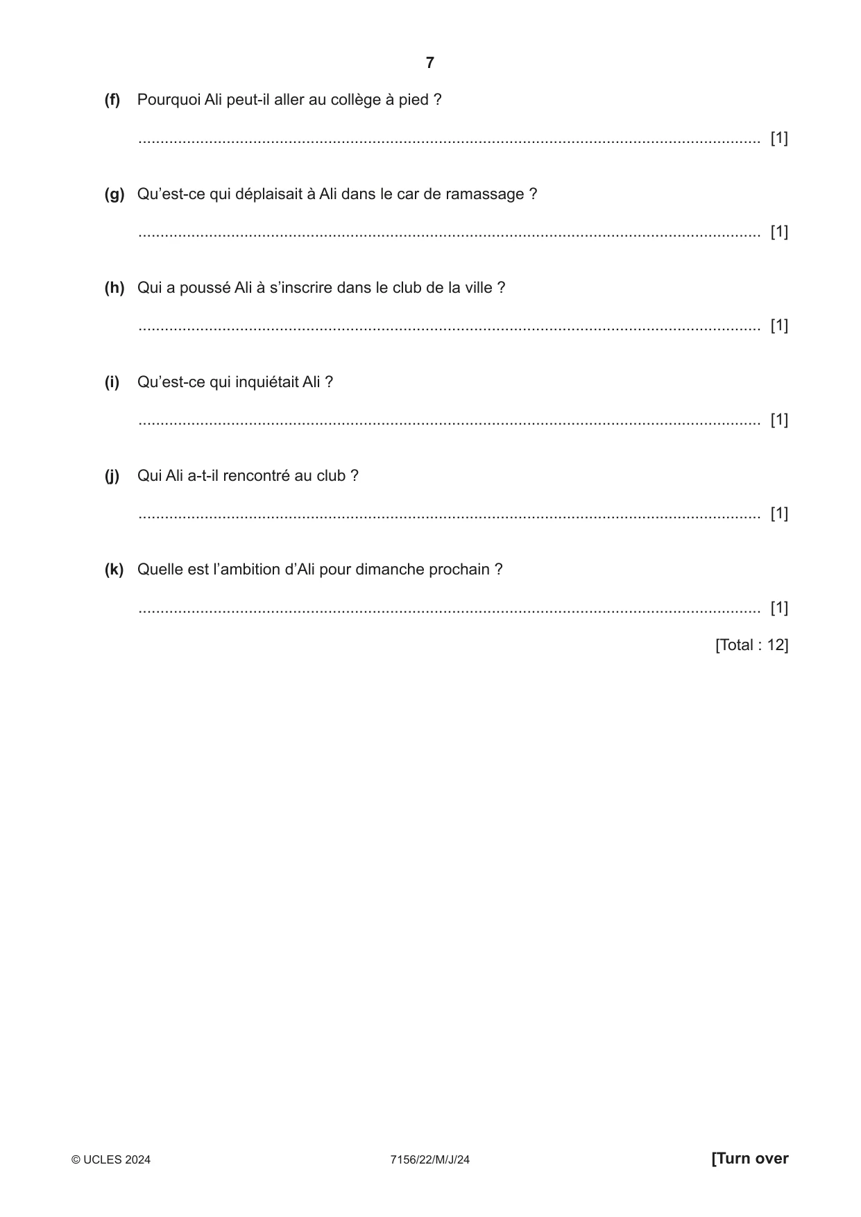 Cambridge IGCSE French (9-1) 7156 2024 May/June Paper 2 · Variant 2 question paper, page 7 of 12