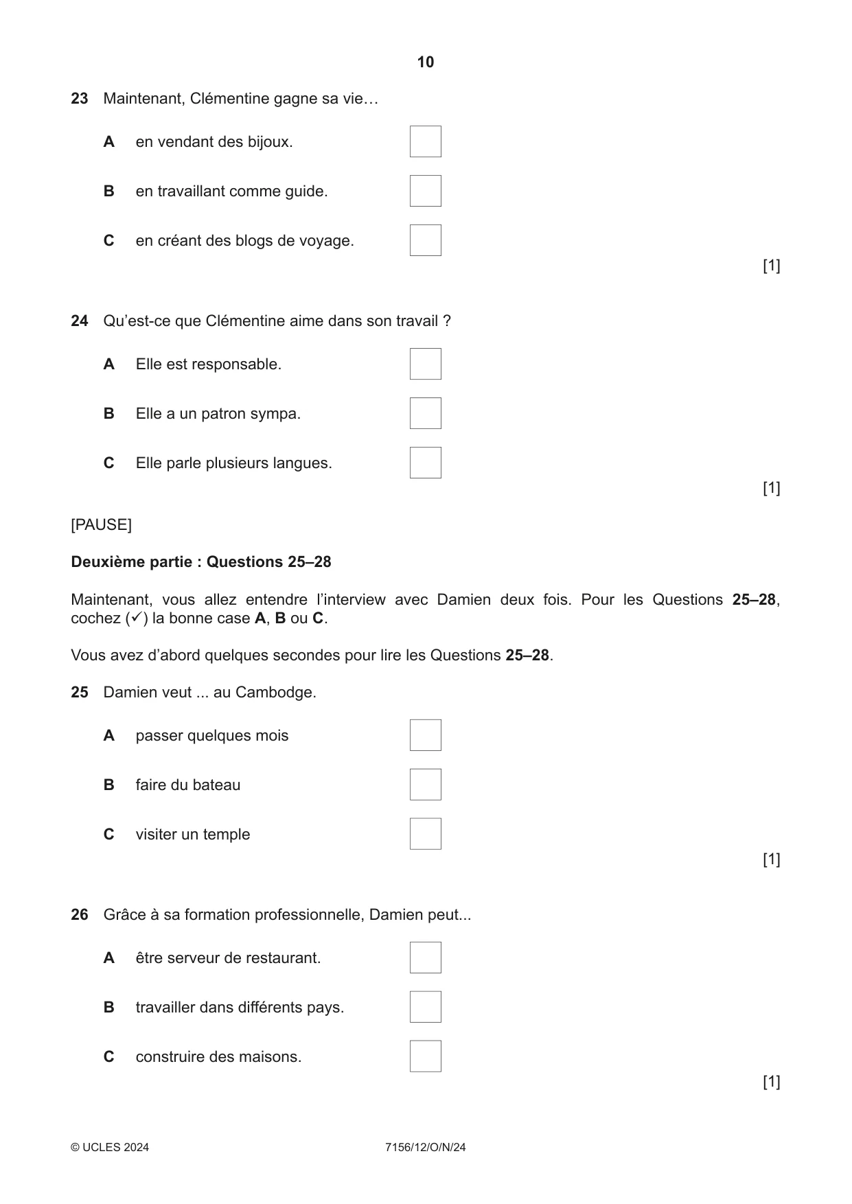 Cambridge IGCSE French (9-1) 7156 2024 Oct/Nov Paper 1 · Variant 2 question paper, page 10 of 16