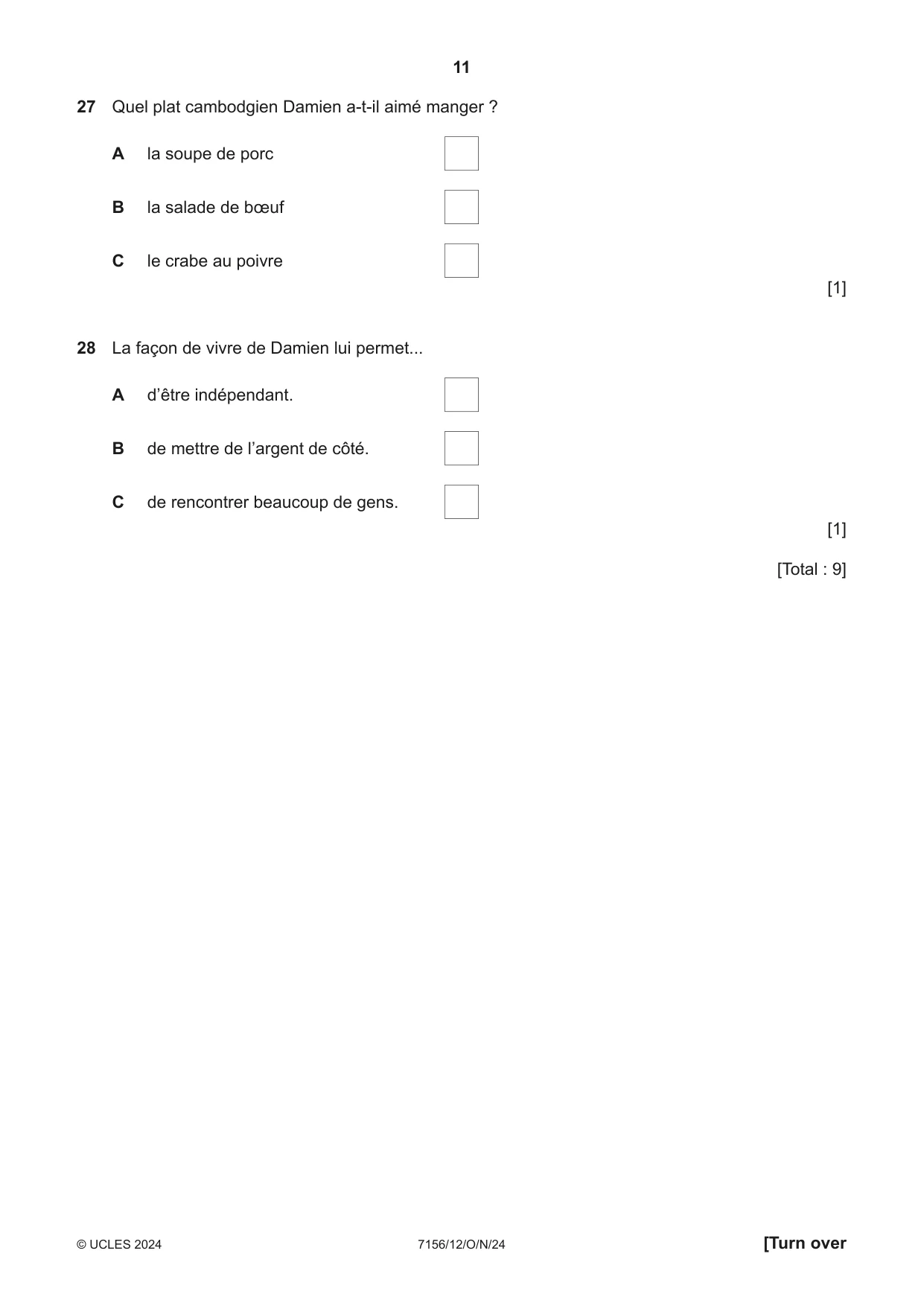 Cambridge IGCSE French (9-1) 7156 2024 Oct/Nov Paper 1 · Variant 2 question paper, page 11 of 16