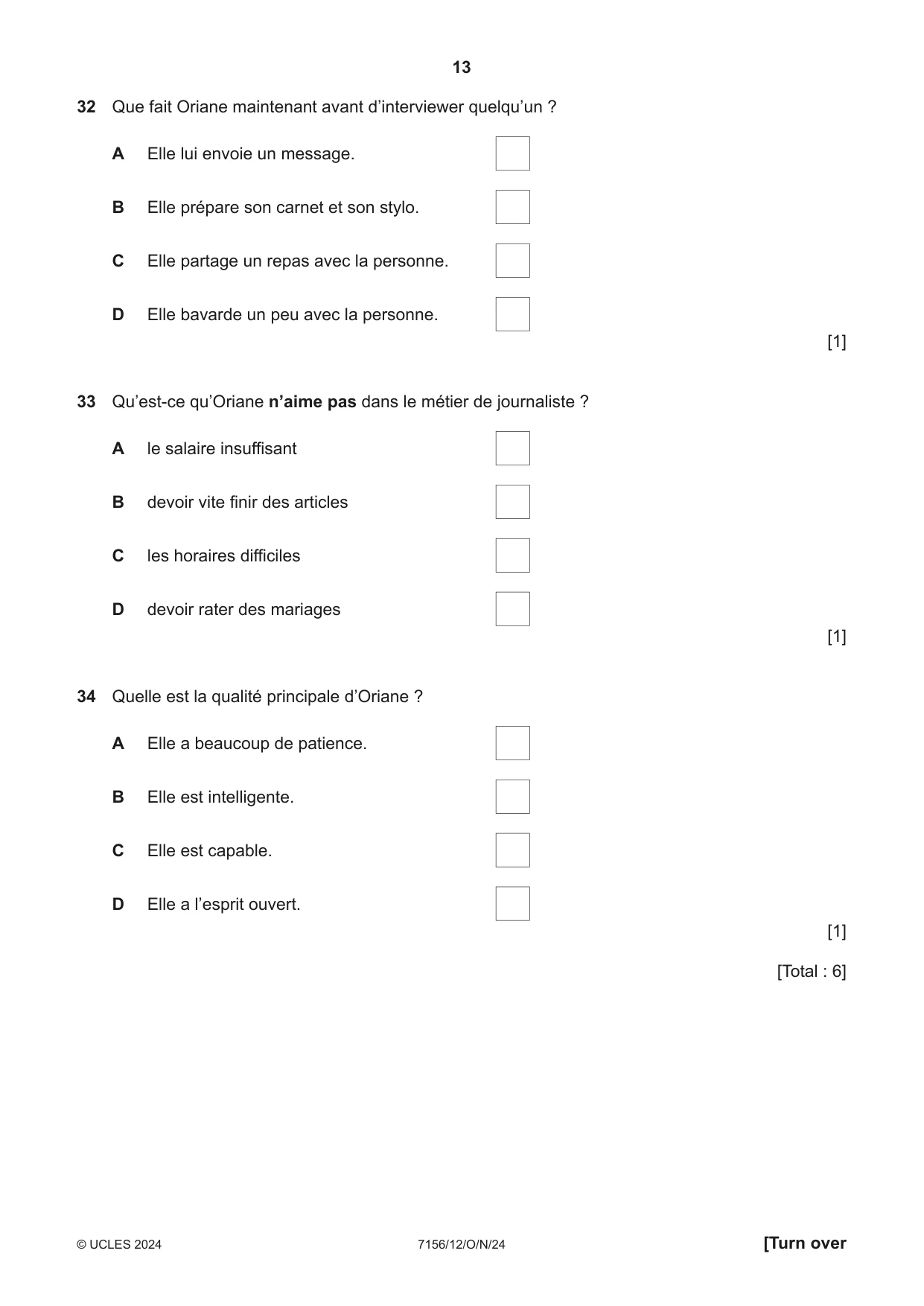 Cambridge IGCSE French (9-1) 7156 2024 Oct/Nov Paper 1 · Variant 2 question paper, page 13 of 16