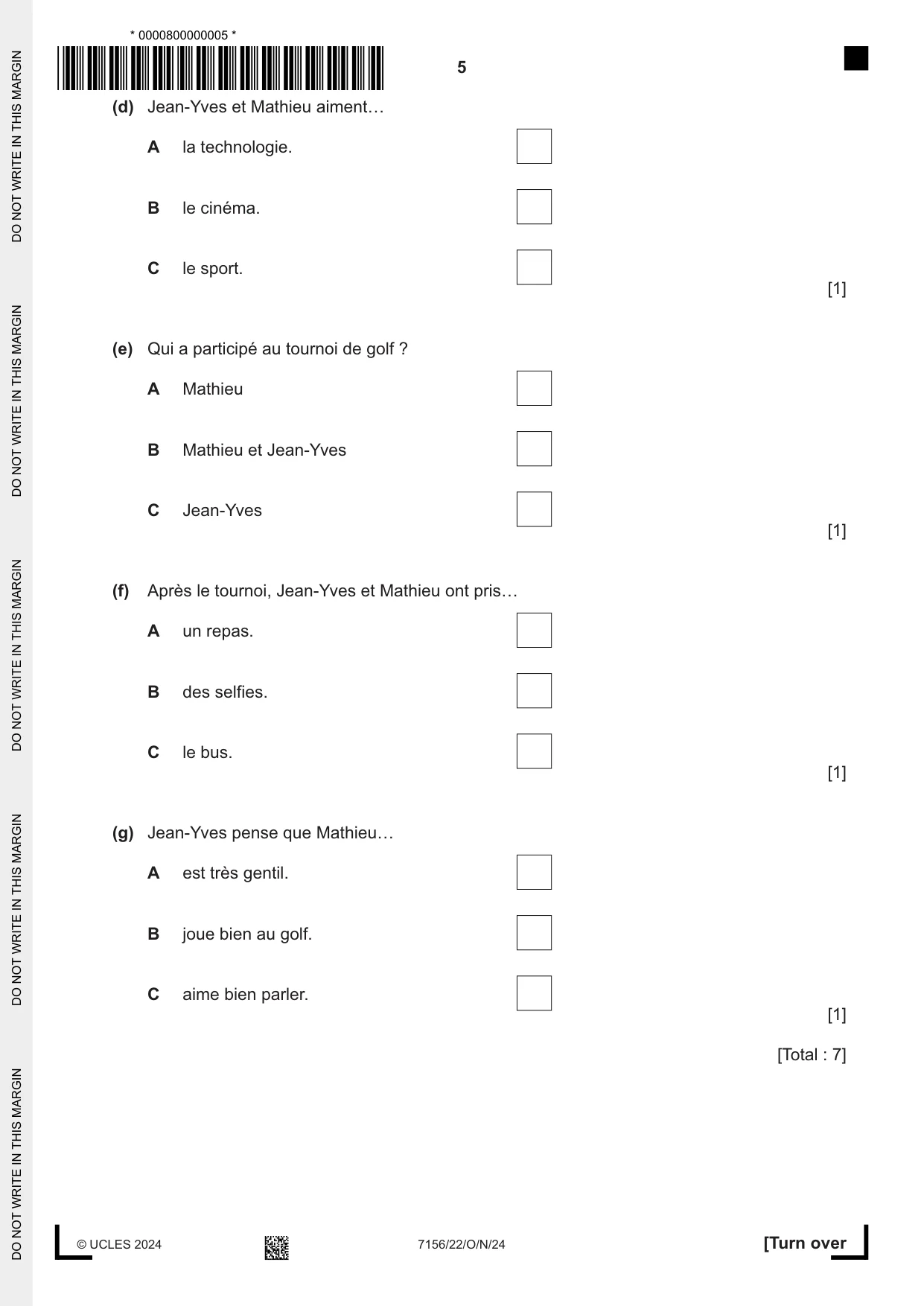 Cambridge IGCSE French (9-1) 7156 2024 Oct/Nov Paper 2 · Variant 2 question paper, page 5 of 12