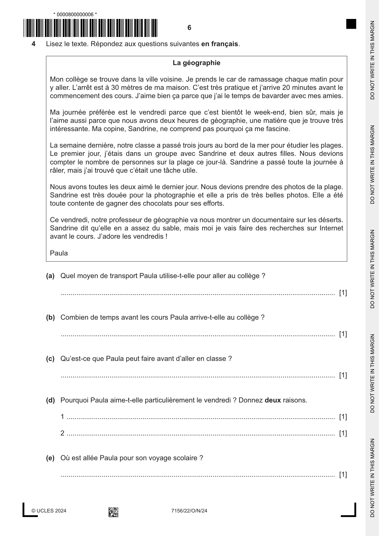 Cambridge IGCSE French (9-1) 7156 2024 Oct/Nov Paper 2 · Variant 2 question paper, page 6 of 12