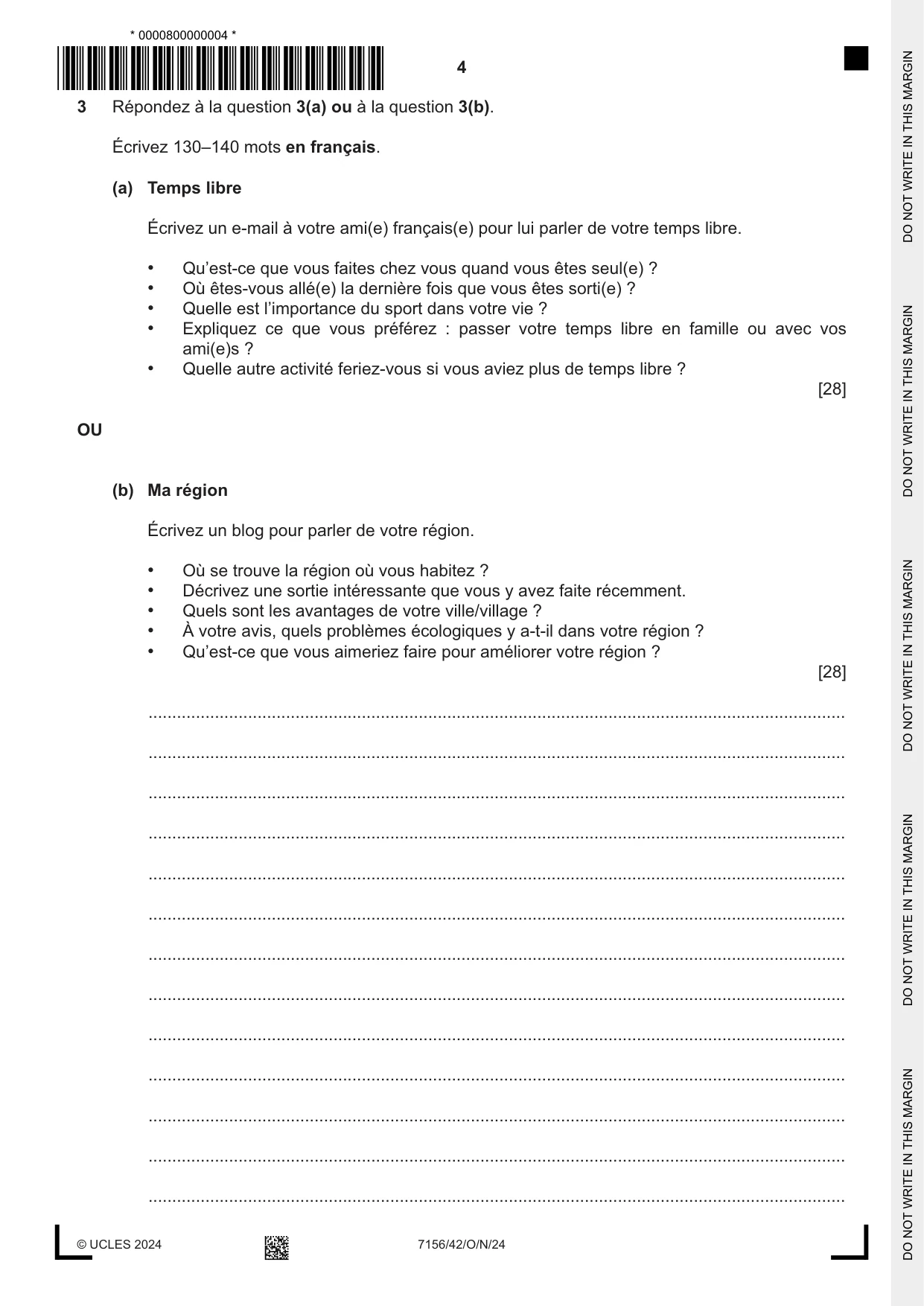 Cambridge IGCSE French (9-1) 7156 2024 Oct/Nov Paper 4 · Variant 2 question paper, page 4 of 8