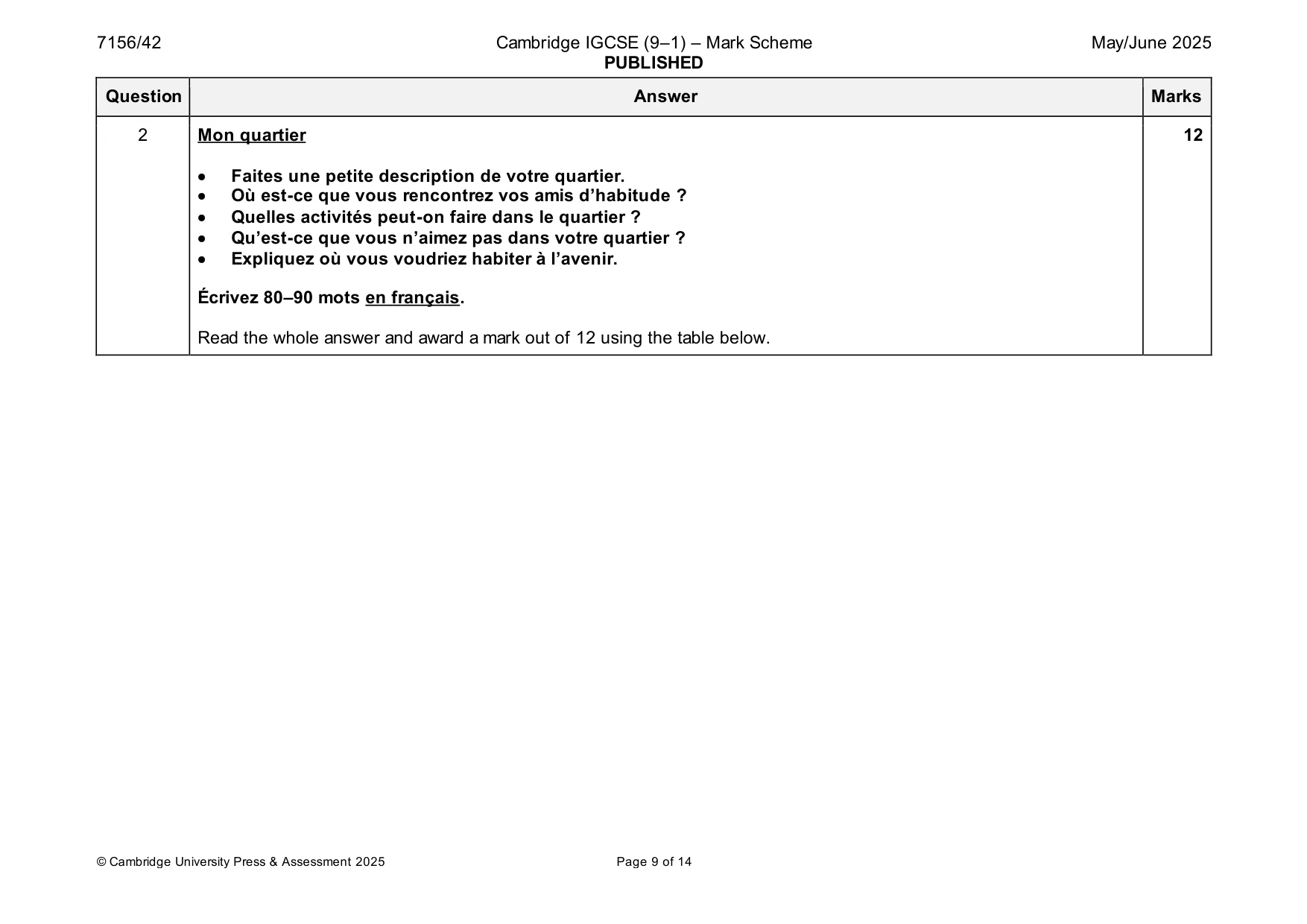 Mark scheme, page 9 of 14