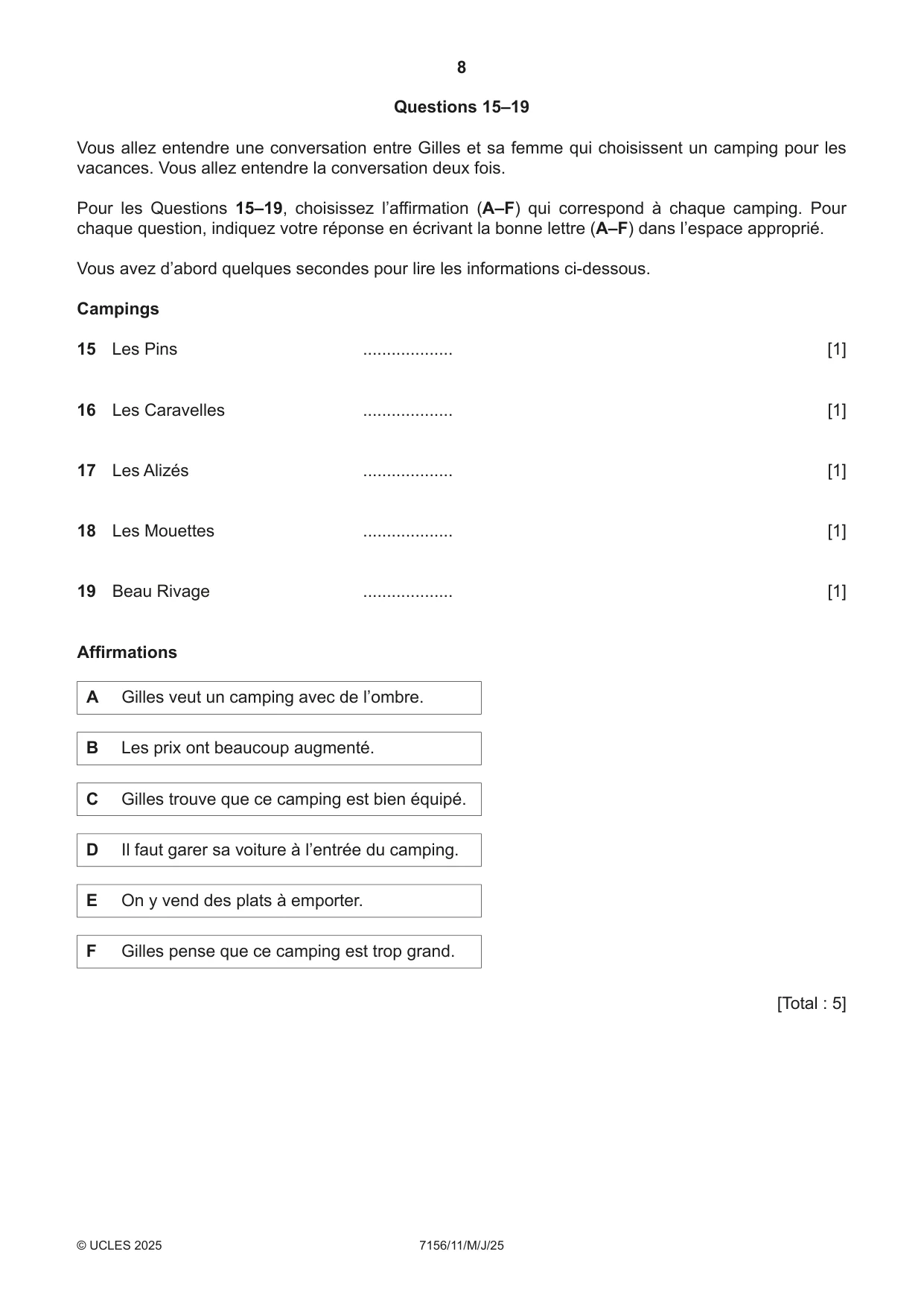 Cambridge IGCSE French (9-1) 7156 2025 May/June Paper 1 · Variant 1 question paper, page 8 of 16