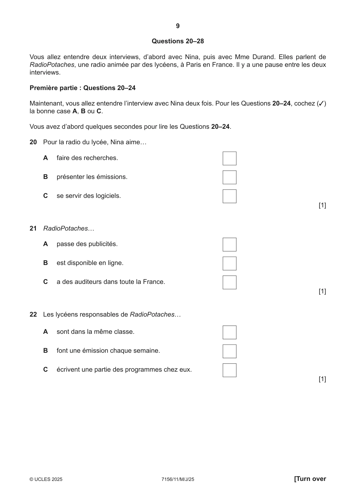 Cambridge IGCSE French (9-1) 7156 2025 May/June Paper 1 · Variant 1 question paper, page 9 of 16