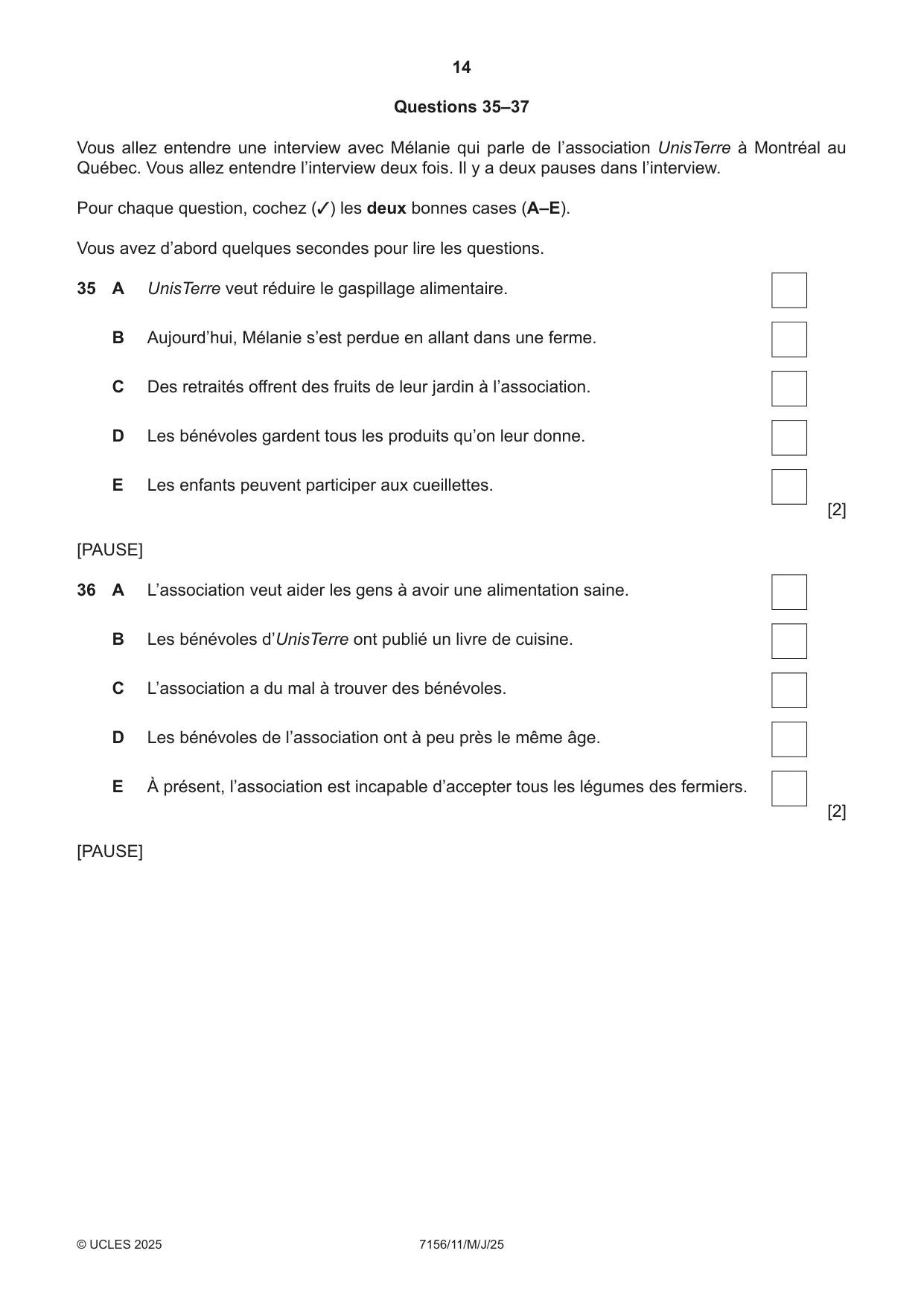 Cambridge IGCSE French (9-1) 7156 2025 May/June Paper 1 · Variant 1 question paper, page 14 of 16