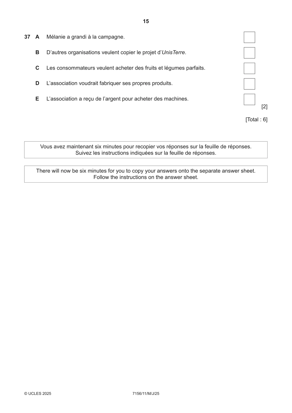 Cambridge IGCSE French (9-1) 7156 2025 May/June Paper 1 · Variant 1 question paper, page 15 of 16