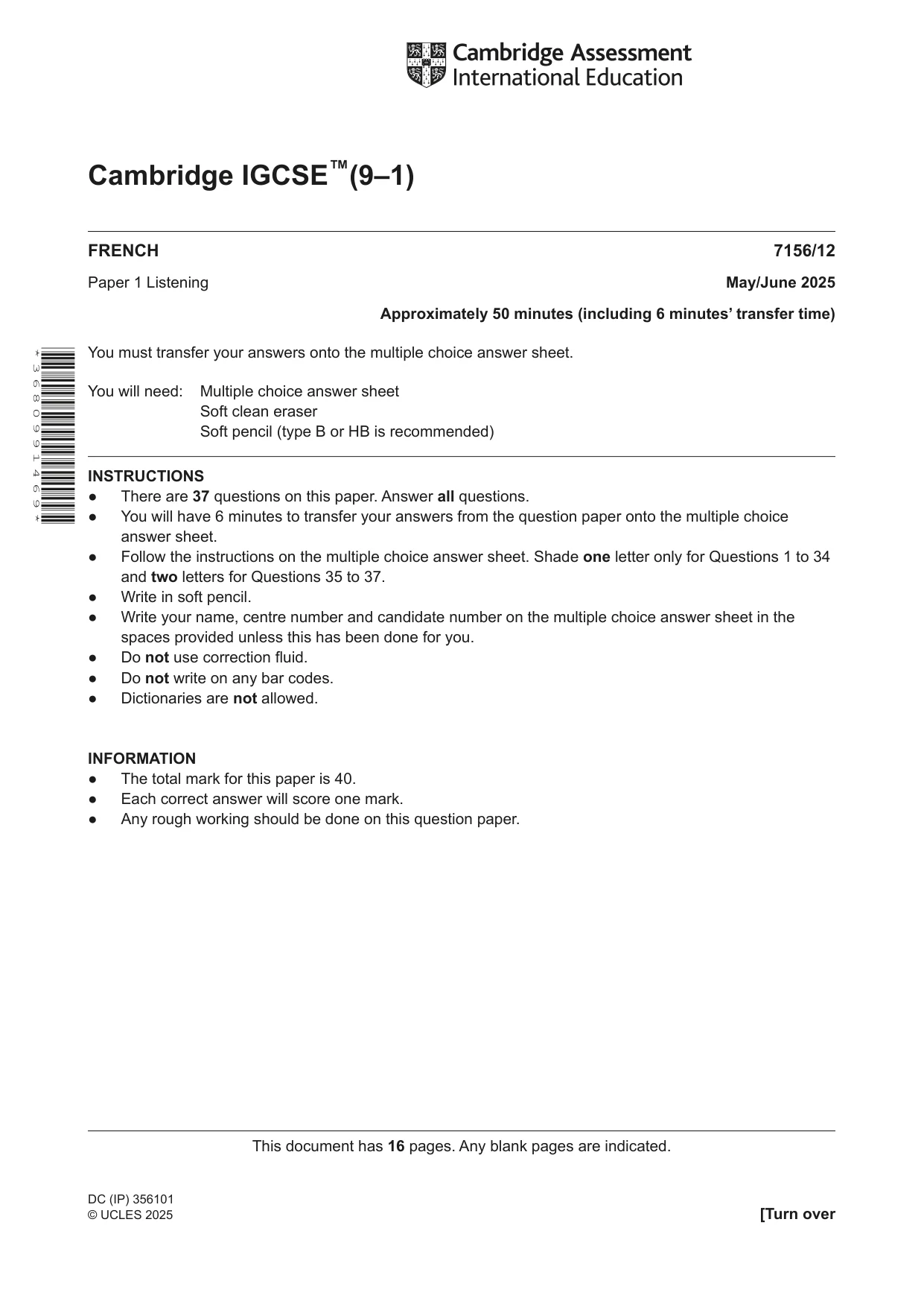 Cambridge IGCSE French (9-1) 7156 2025 May/June Paper 1 · Variant 2 question paper, page 1 of 16