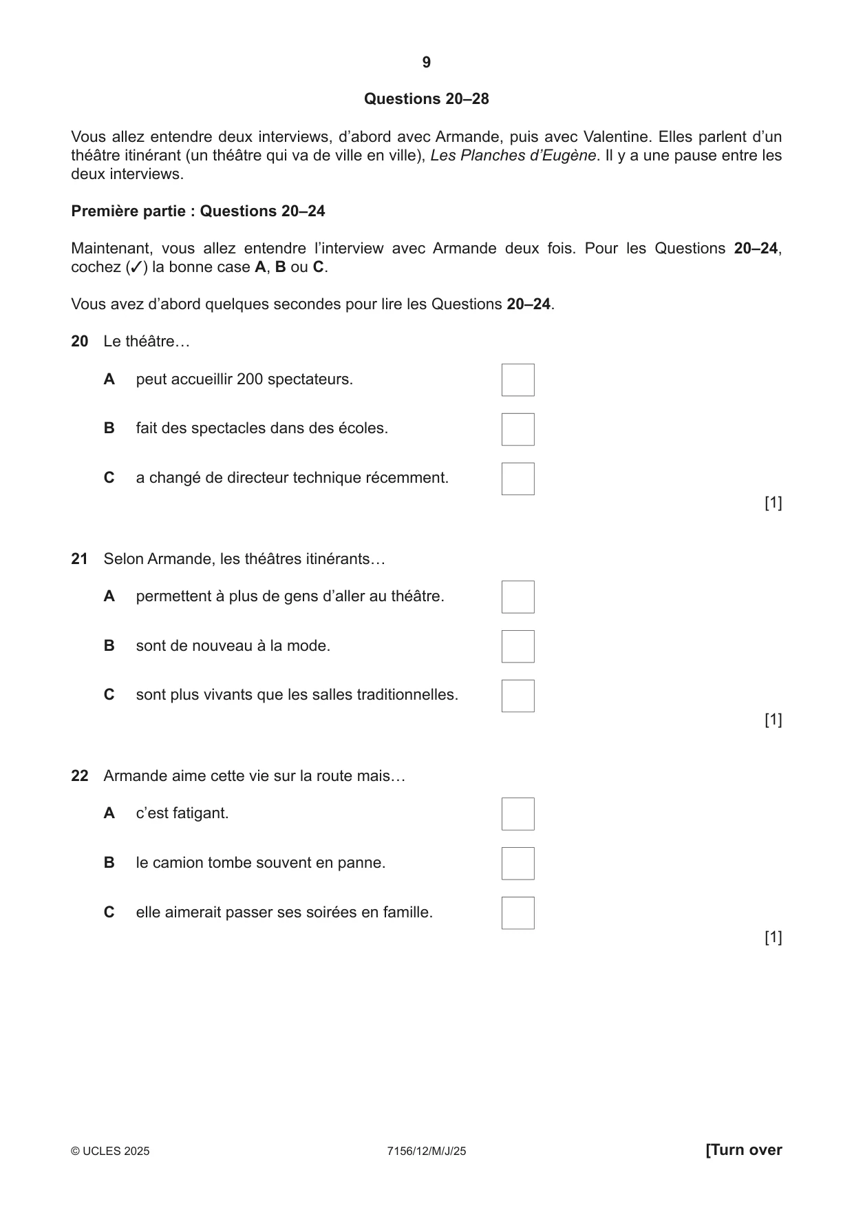 Cambridge IGCSE French (9-1) 7156 2025 May/June Paper 1 · Variant 2 question paper, page 9 of 16