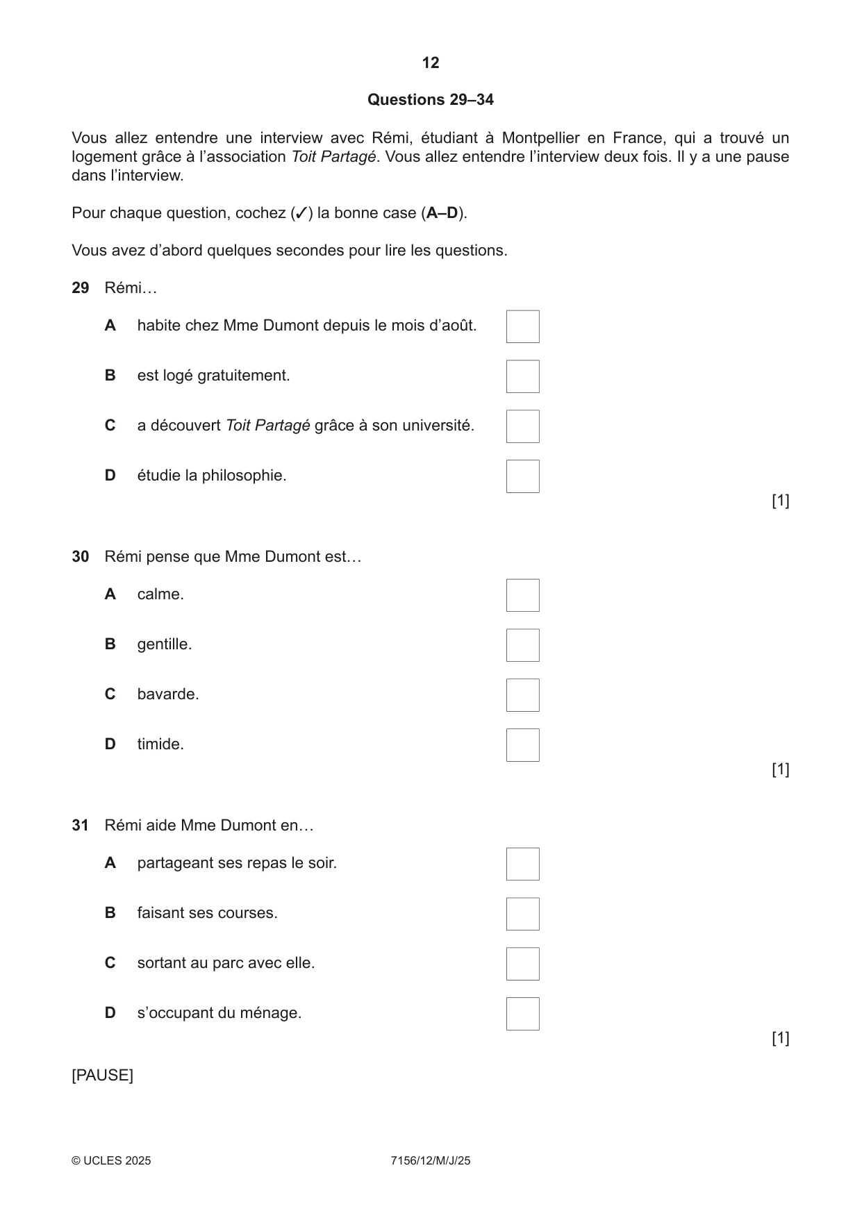Cambridge IGCSE French (9-1) 7156 2025 May/June Paper 1 · Variant 2 question paper, page 12 of 16