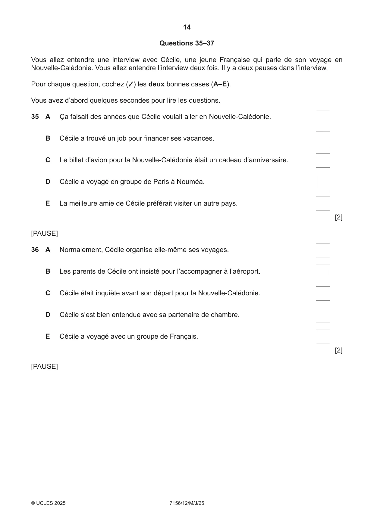 Cambridge IGCSE French (9-1) 7156 2025 May/June Paper 1 · Variant 2 question paper, page 14 of 16