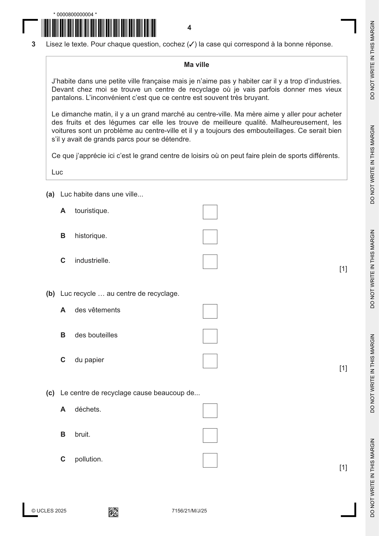 Cambridge IGCSE French (9-1) 7156 2025 May/June Paper 2 · Variant 1 question paper, page 4 of 12