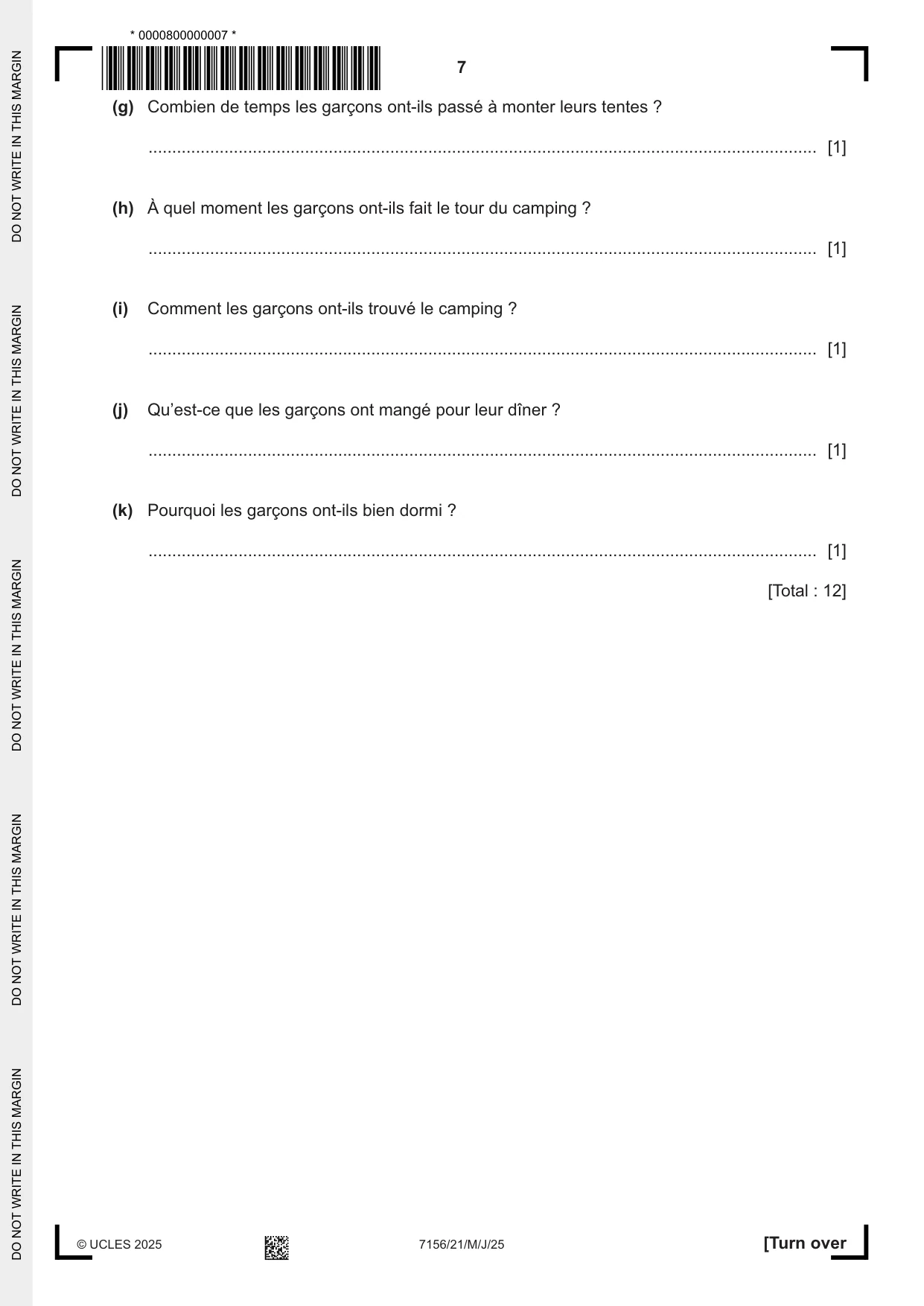 Cambridge IGCSE French (9-1) 7156 2025 May/June Paper 2 · Variant 1 question paper, page 7 of 12