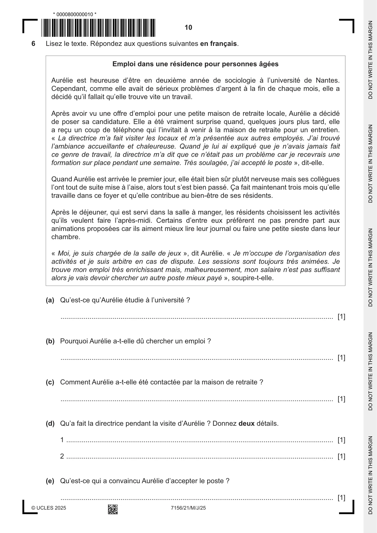 Cambridge IGCSE French (9-1) 7156 2025 May/June Paper 2 · Variant 1 question paper, page 10 of 12