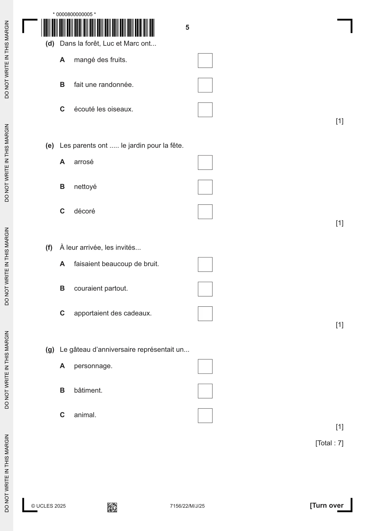 Cambridge IGCSE French (9-1) 7156 2025 May/June Paper 2 · Variant 2 question paper, page 5 of 12