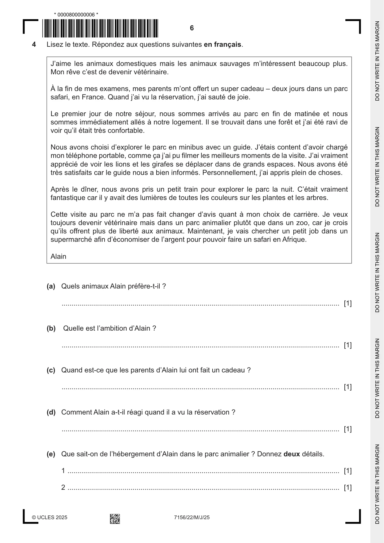 Cambridge IGCSE French (9-1) 7156 2025 May/June Paper 2 · Variant 2 question paper, page 6 of 12
