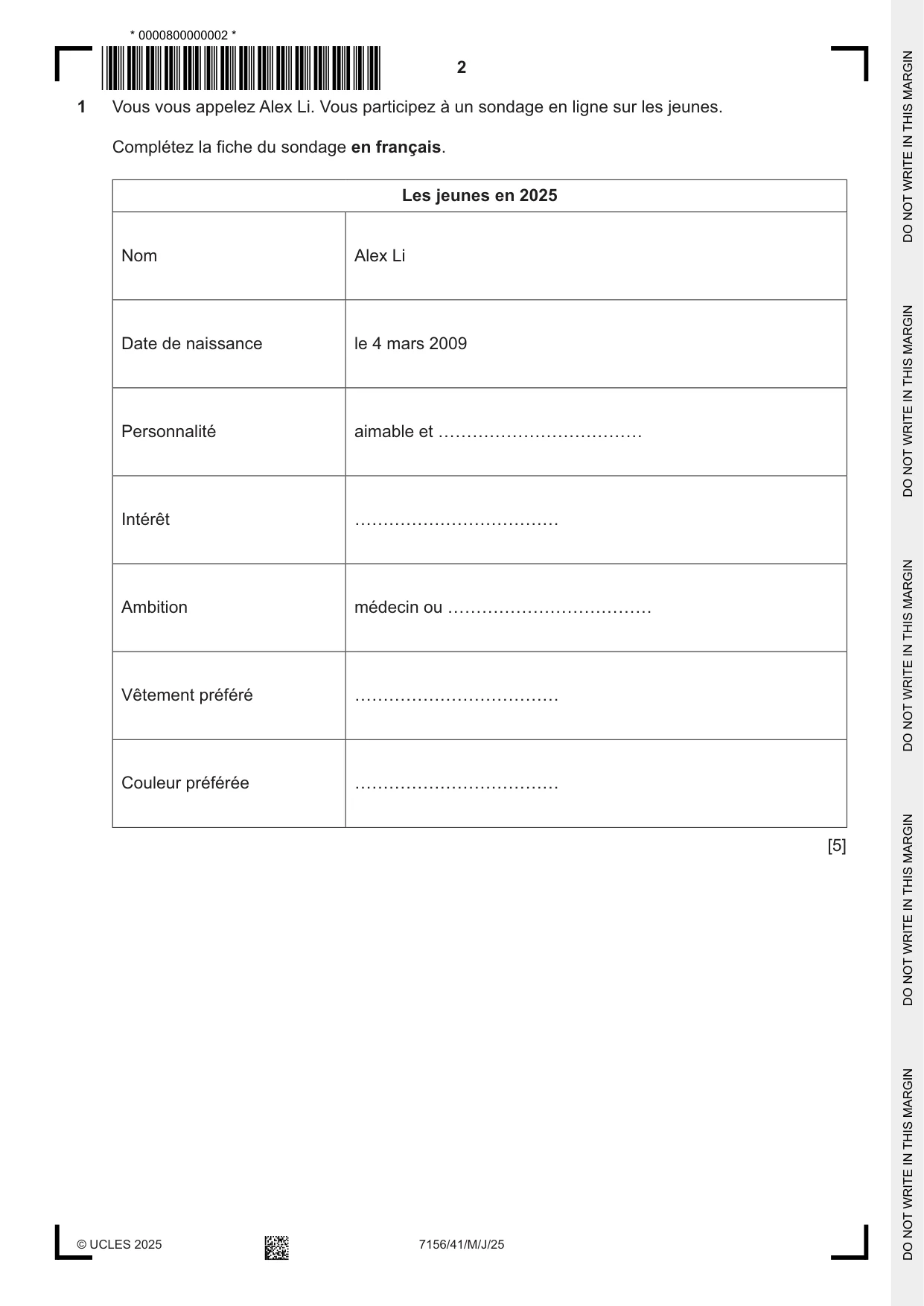 Cambridge IGCSE French (9-1) 7156 2025 May/June Paper 4 · Variant 1 question paper, page 2 of 8