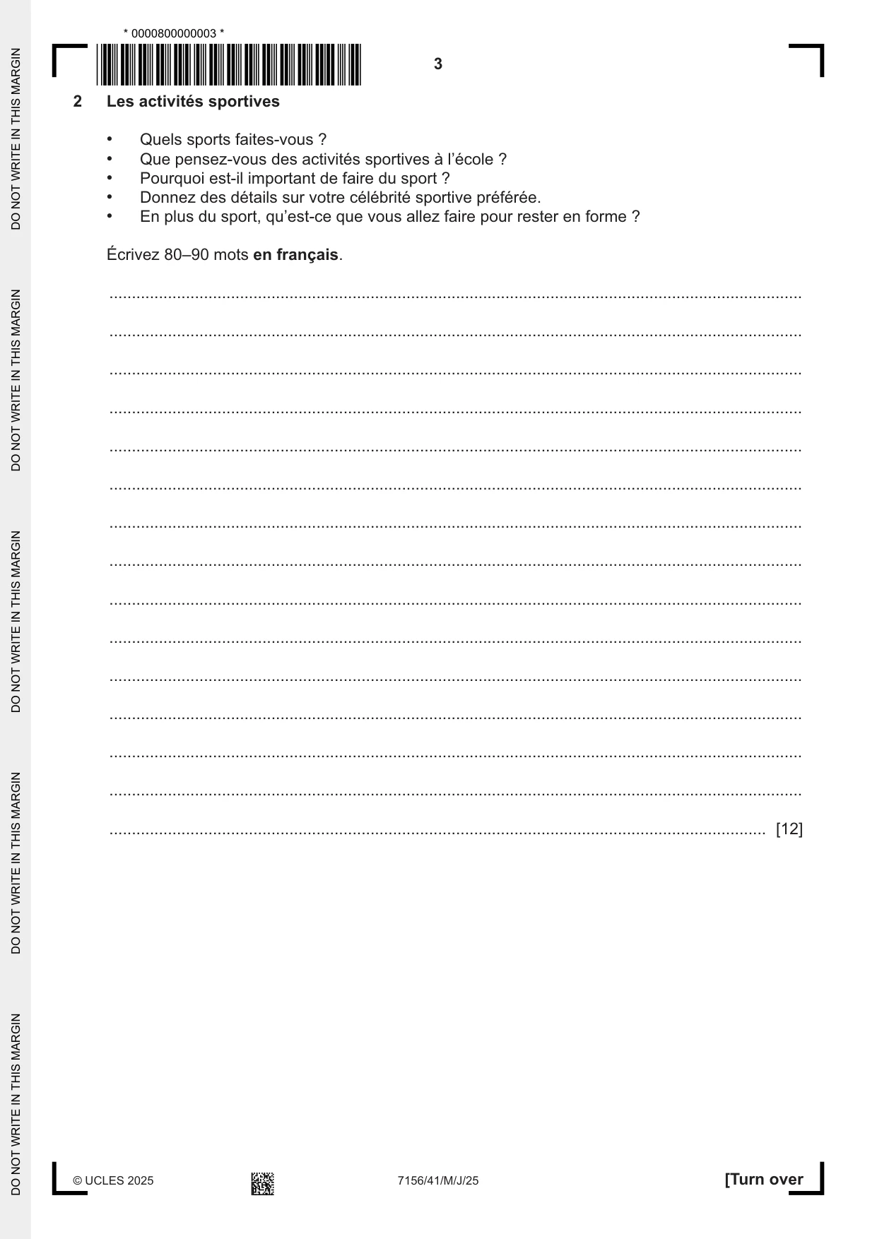 Cambridge IGCSE French (9-1) 7156 2025 May/June Paper 4 · Variant 1 question paper, page 3 of 8