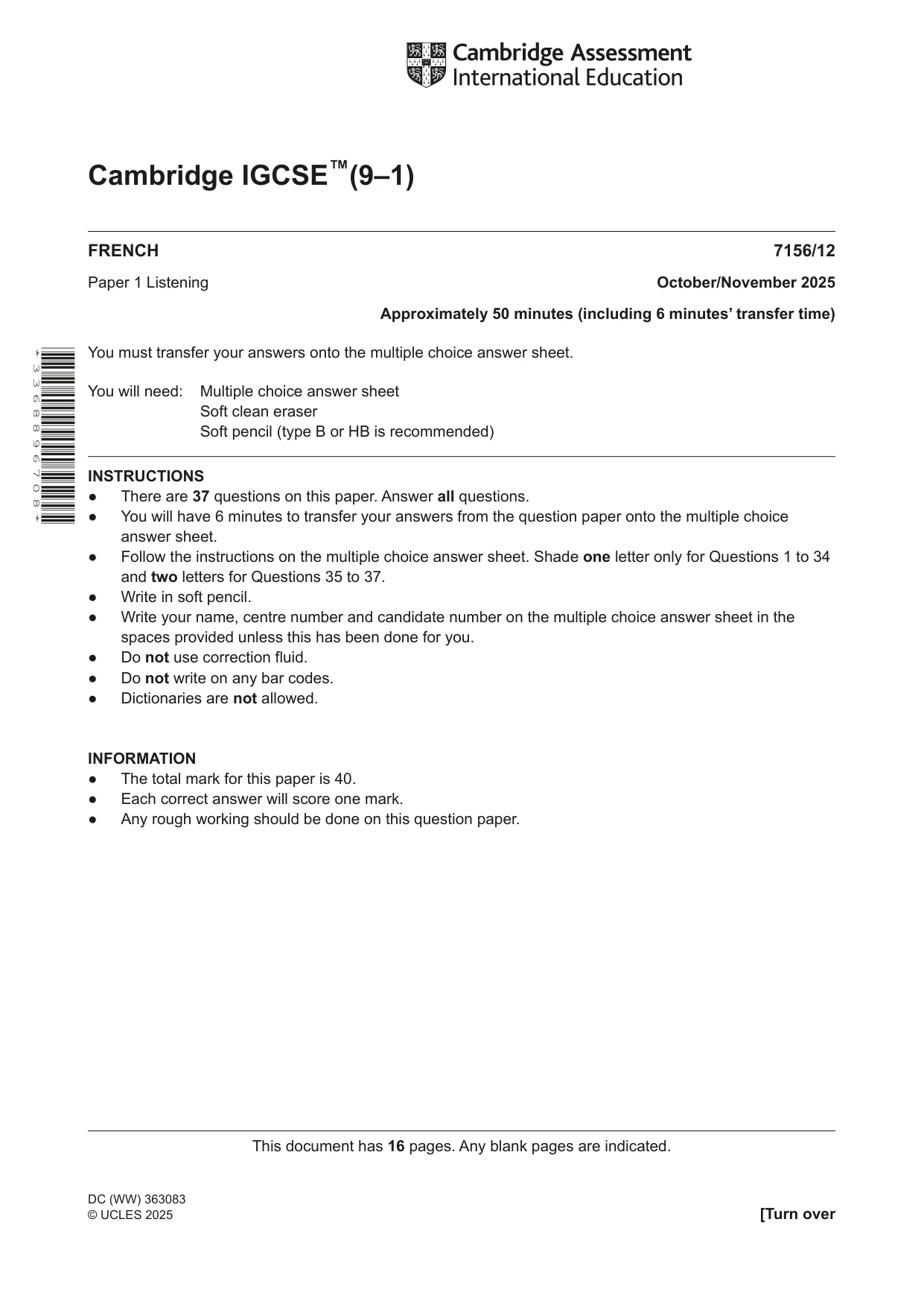 Cambridge IGCSE French (9-1) 7156 2025 Oct/Nov Paper 1 · Variant 2 question paper, page 1 of 16