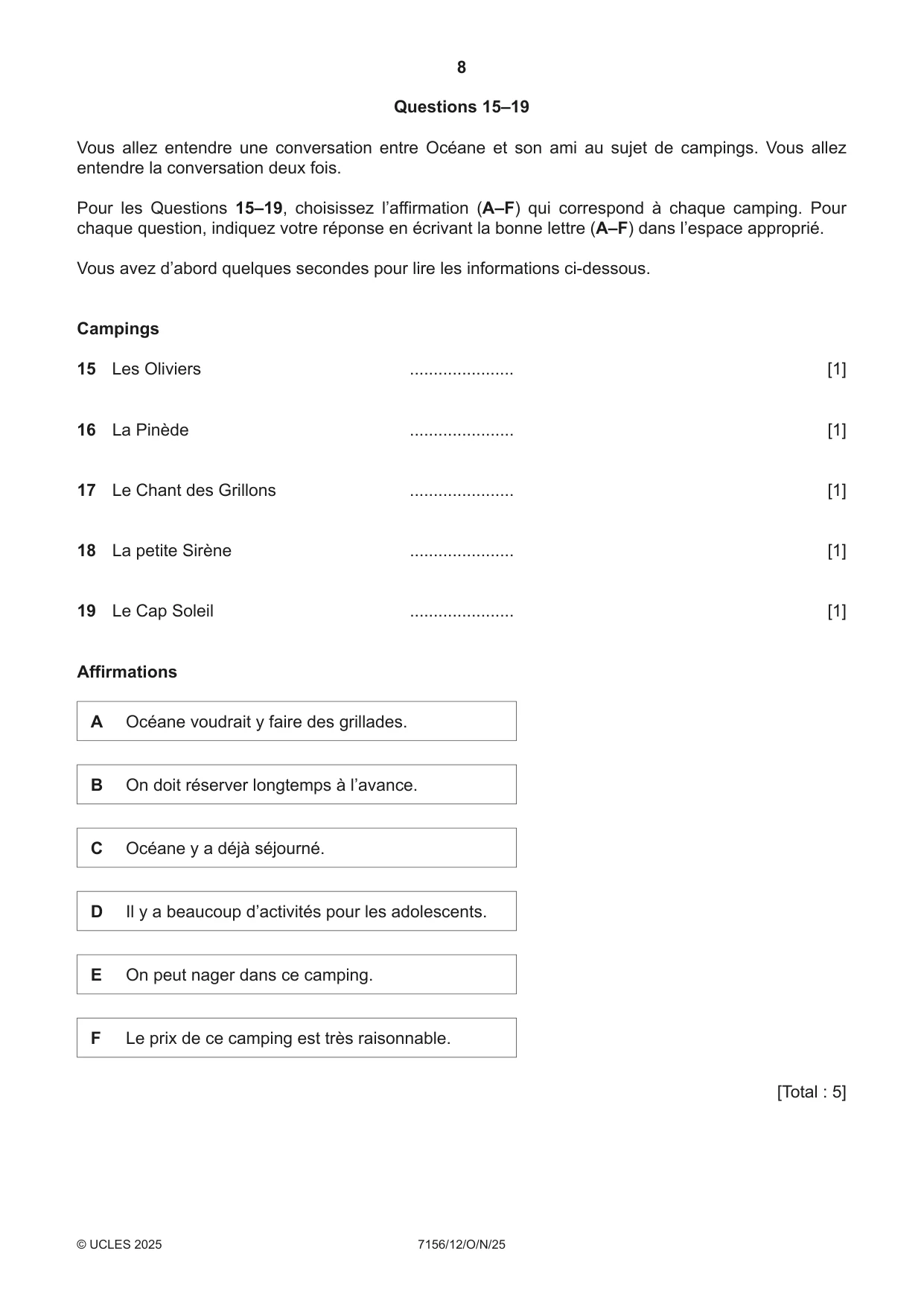 Cambridge IGCSE French (9-1) 7156 2025 Oct/Nov Paper 1 · Variant 2 question paper, page 8 of 16