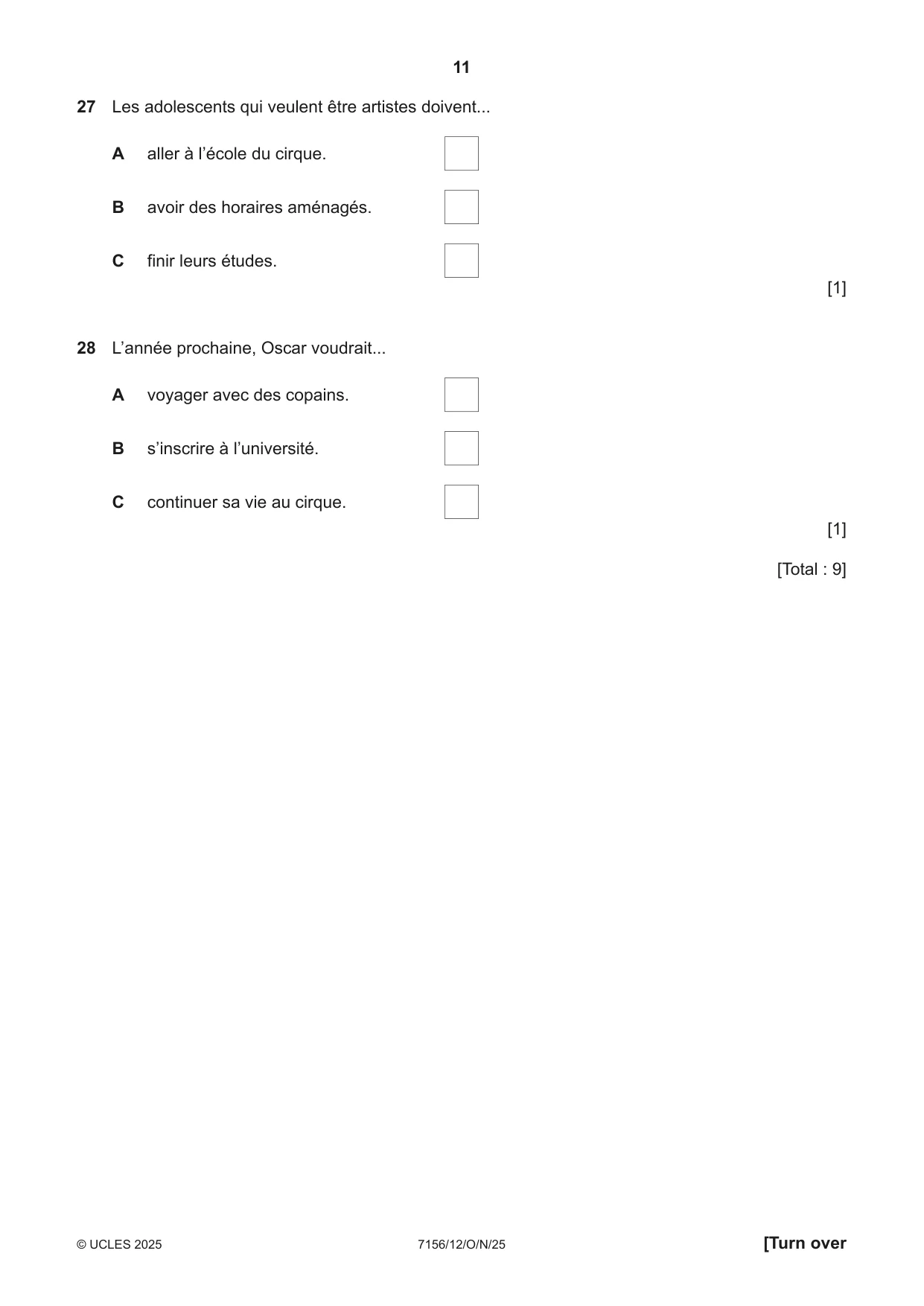 Cambridge IGCSE French (9-1) 7156 2025 Oct/Nov Paper 1 · Variant 2 question paper, page 11 of 16