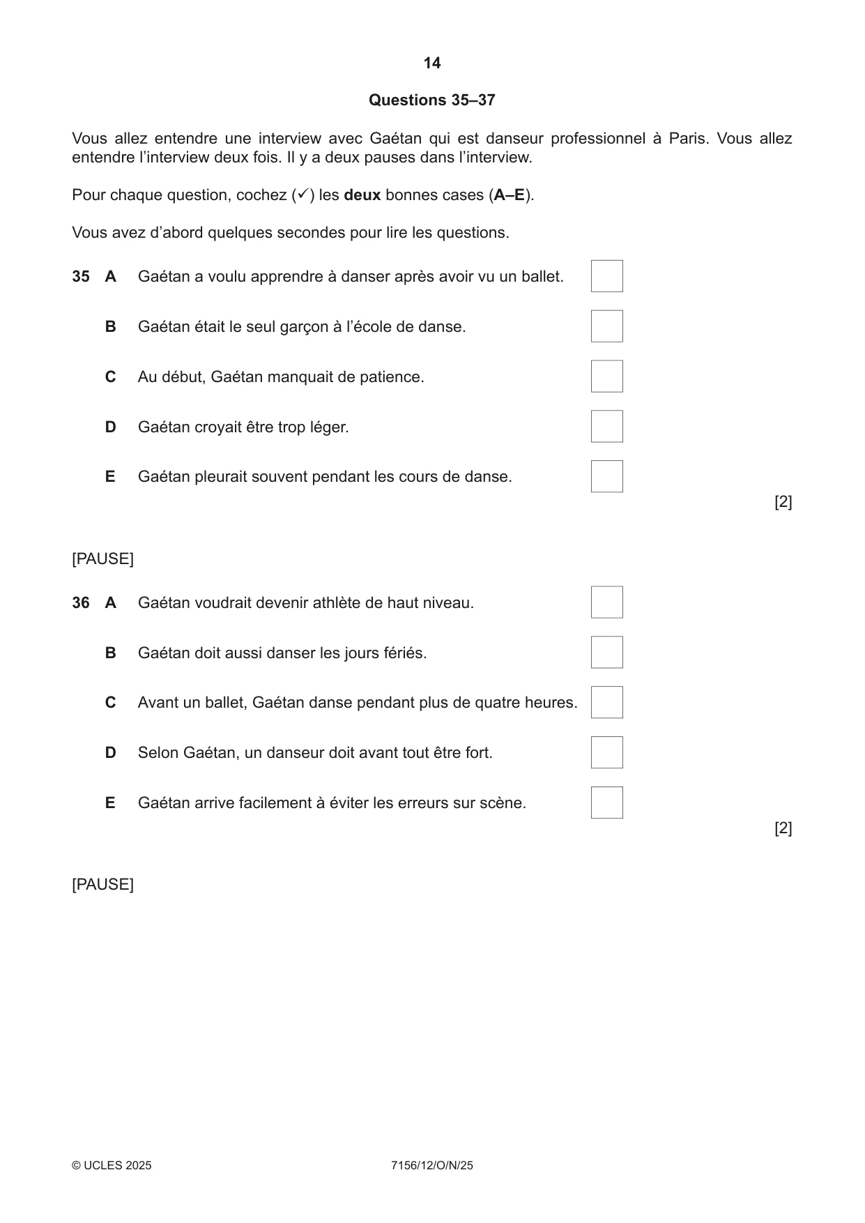 Cambridge IGCSE French (9-1) 7156 2025 Oct/Nov Paper 1 · Variant 2 question paper, page 14 of 16
