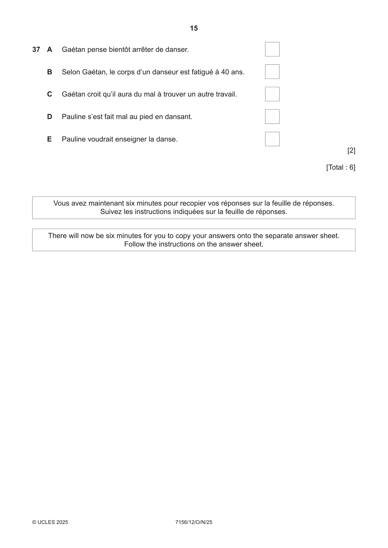 Cambridge IGCSE French (9-1) 7156 2025 Oct/Nov Paper 1 · Variant 2 question paper, page 15 of 16