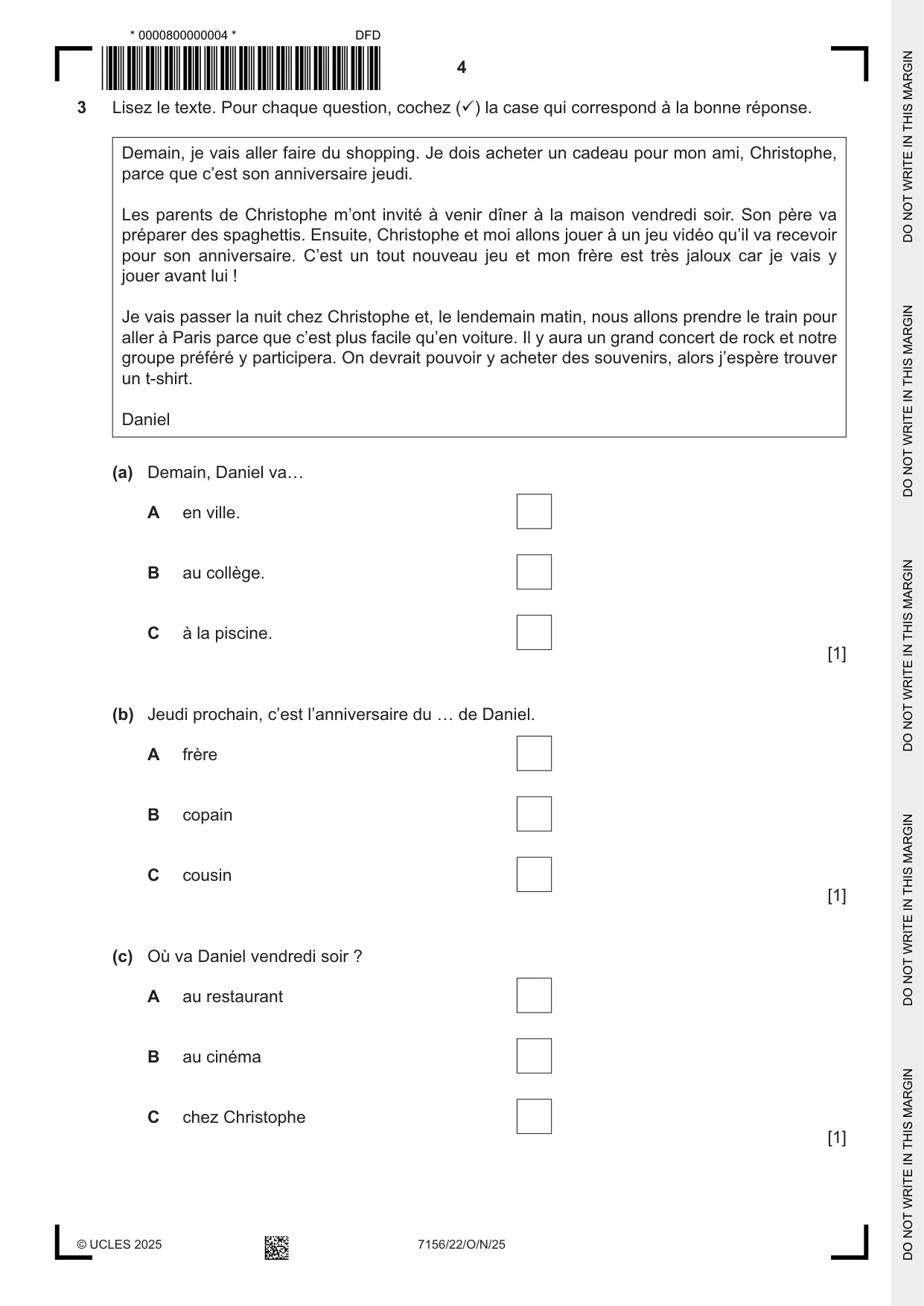 Cambridge IGCSE French (9-1) 7156 2025 Oct/Nov Paper 2 · Variant 2 question paper, page 4 of 12