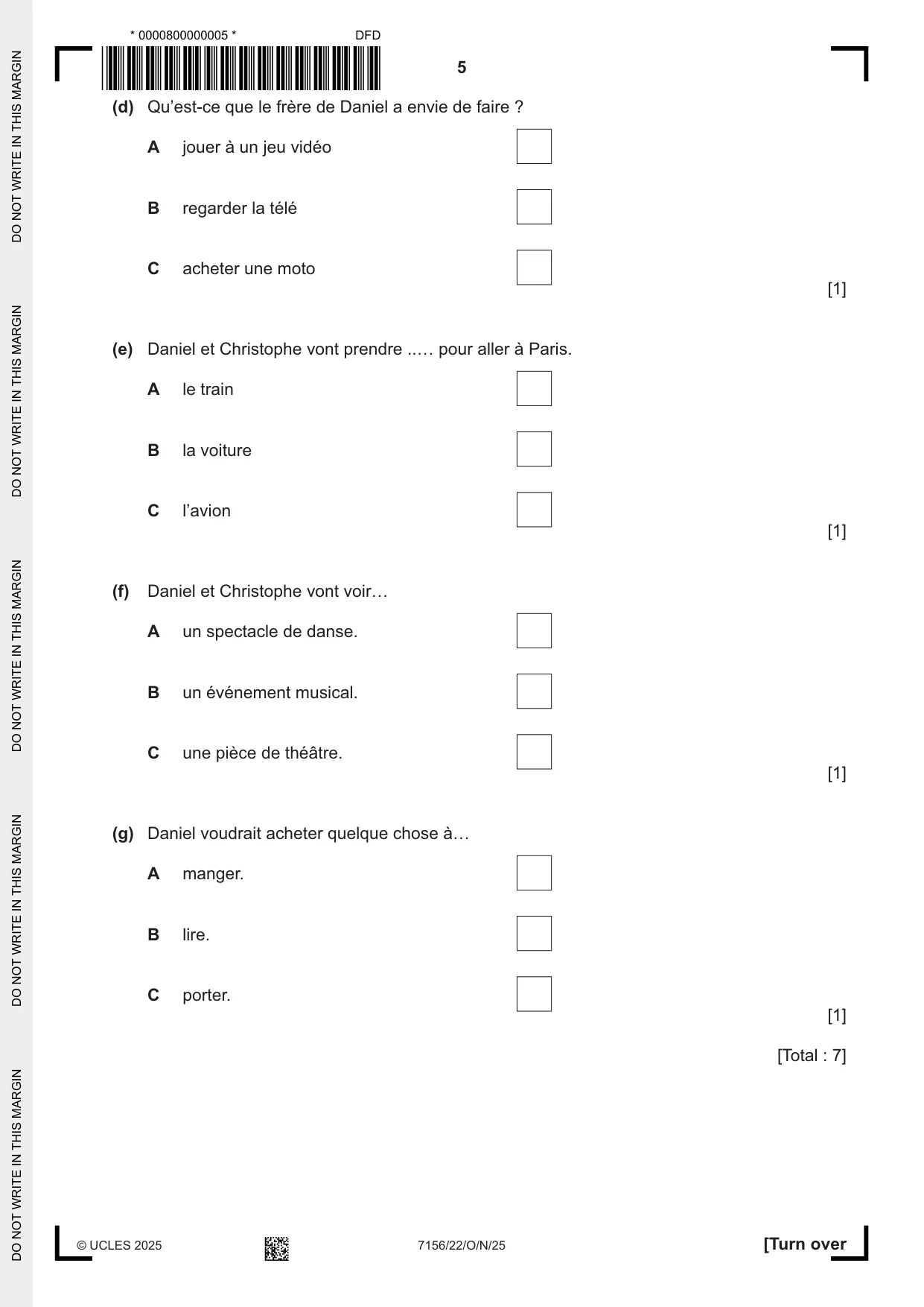 Cambridge IGCSE French (9-1) 7156 2025 Oct/Nov Paper 2 · Variant 2 question paper, page 5 of 12