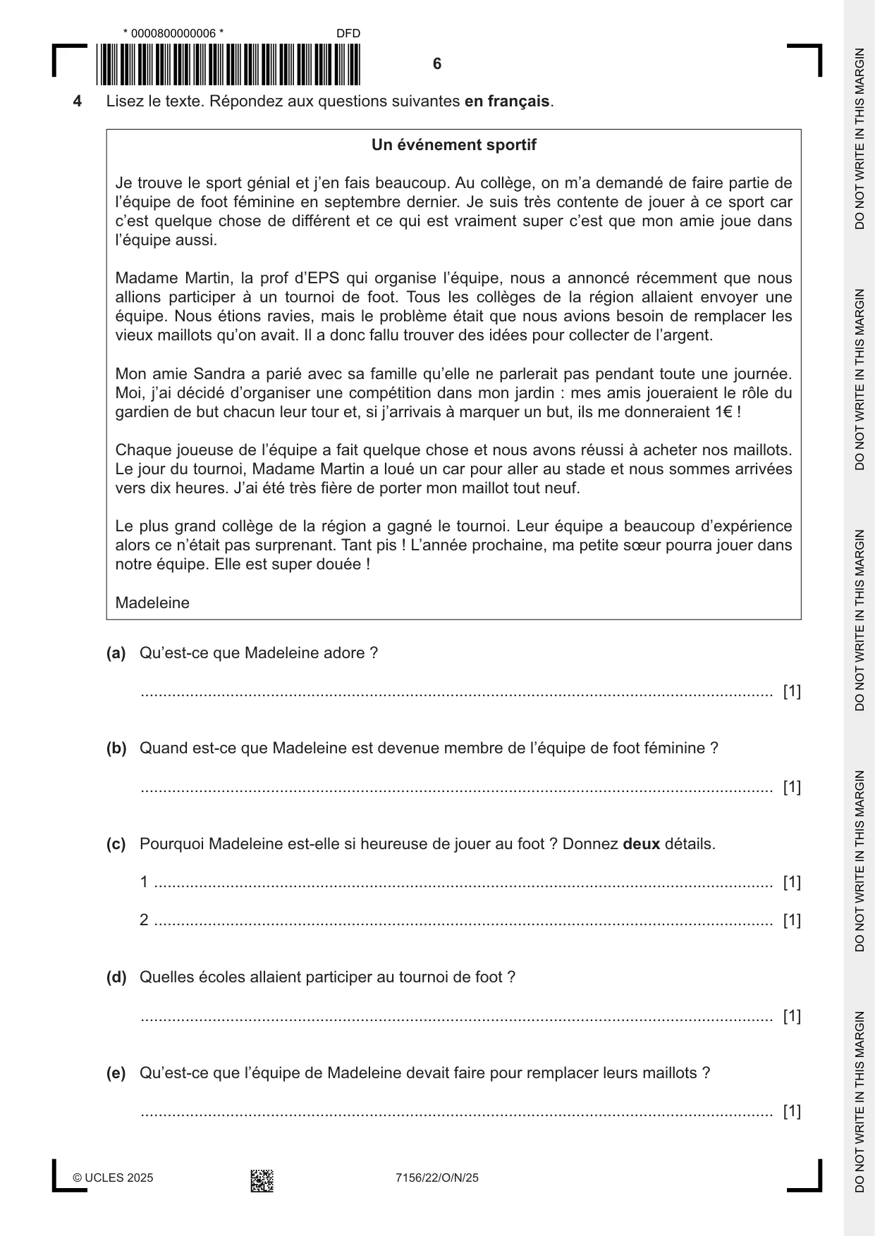 Cambridge IGCSE French (9-1) 7156 2025 Oct/Nov Paper 2 · Variant 2 question paper, page 6 of 12