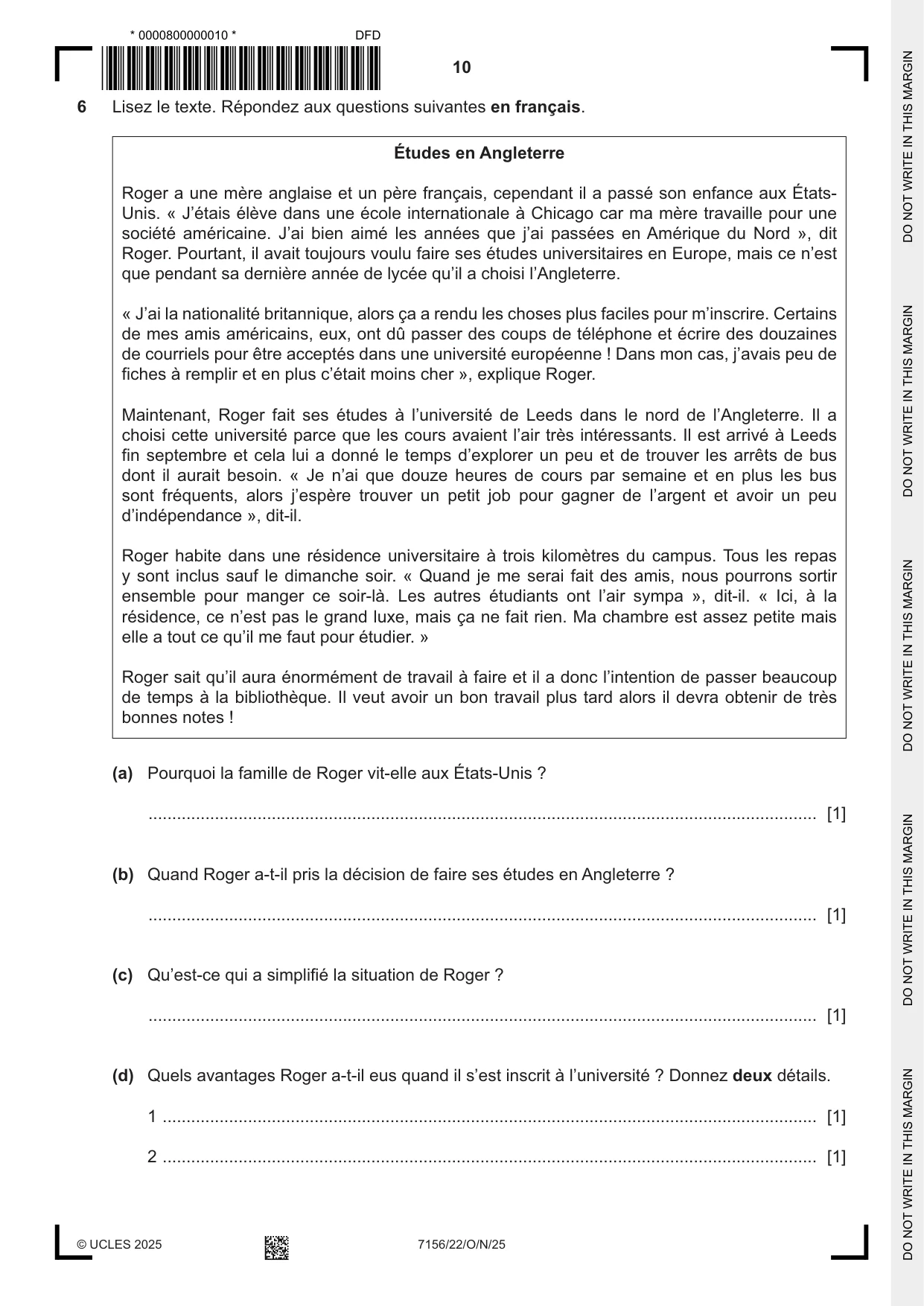 Cambridge IGCSE French (9-1) 7156 2025 Oct/Nov Paper 2 · Variant 2 question paper, page 10 of 12