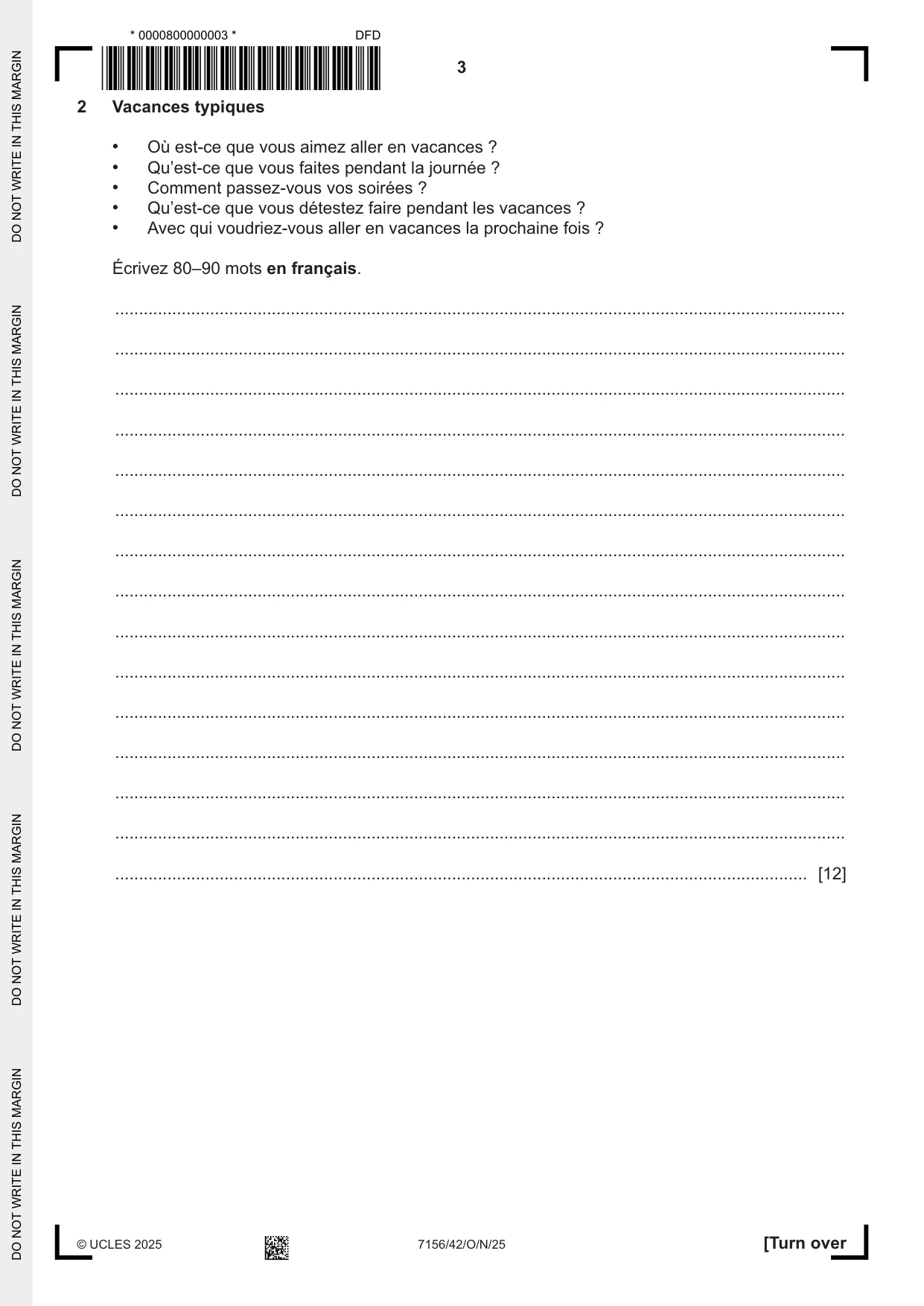 Cambridge IGCSE French (9-1) 7156 2025 Oct/Nov Paper 4 · Variant 2 question paper, page 3 of 8