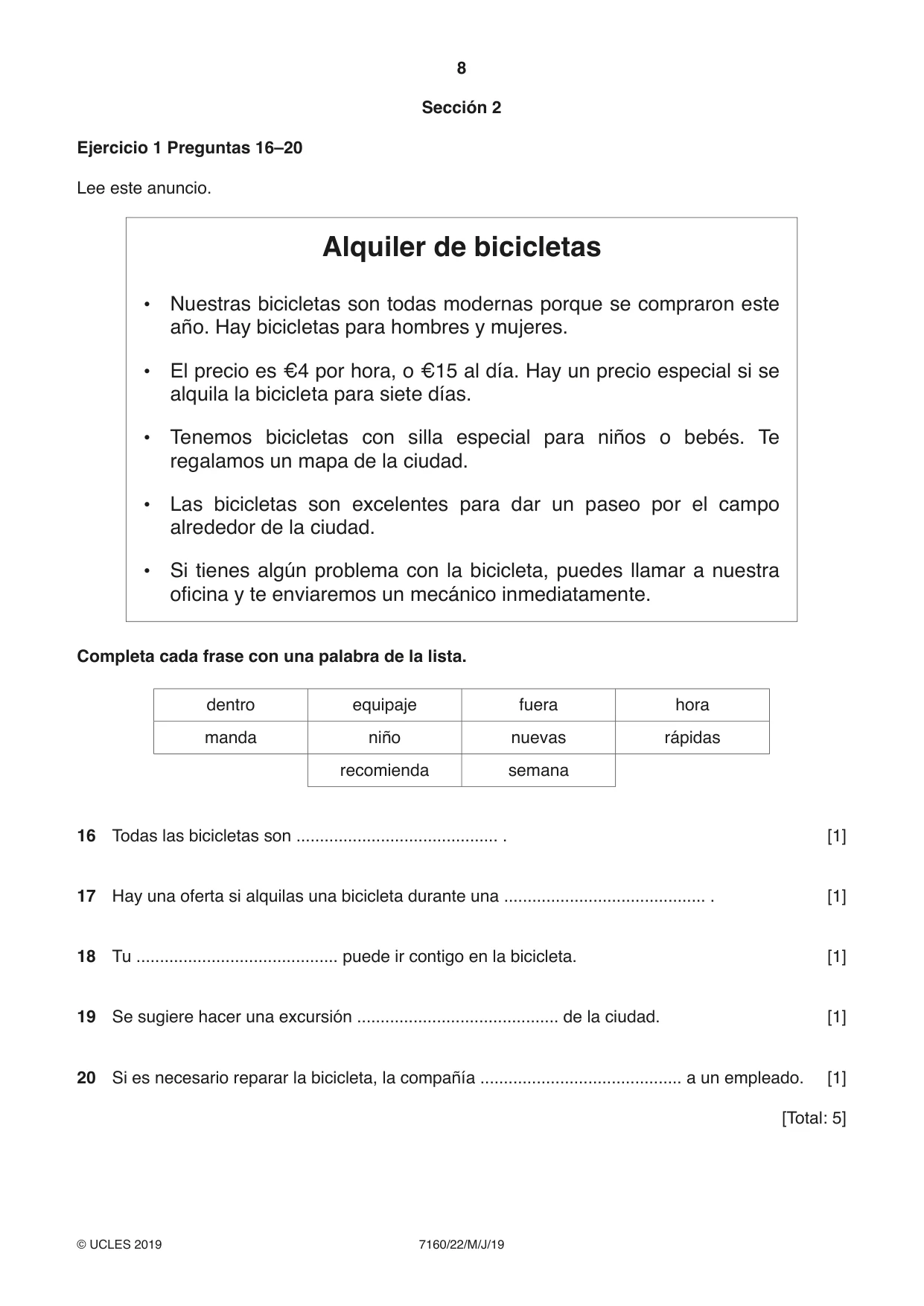 Cambridge IGCSE Spanish (9-1) 7160 2019 May/June Paper 2 · Variant 2 question paper, page 8 of 16