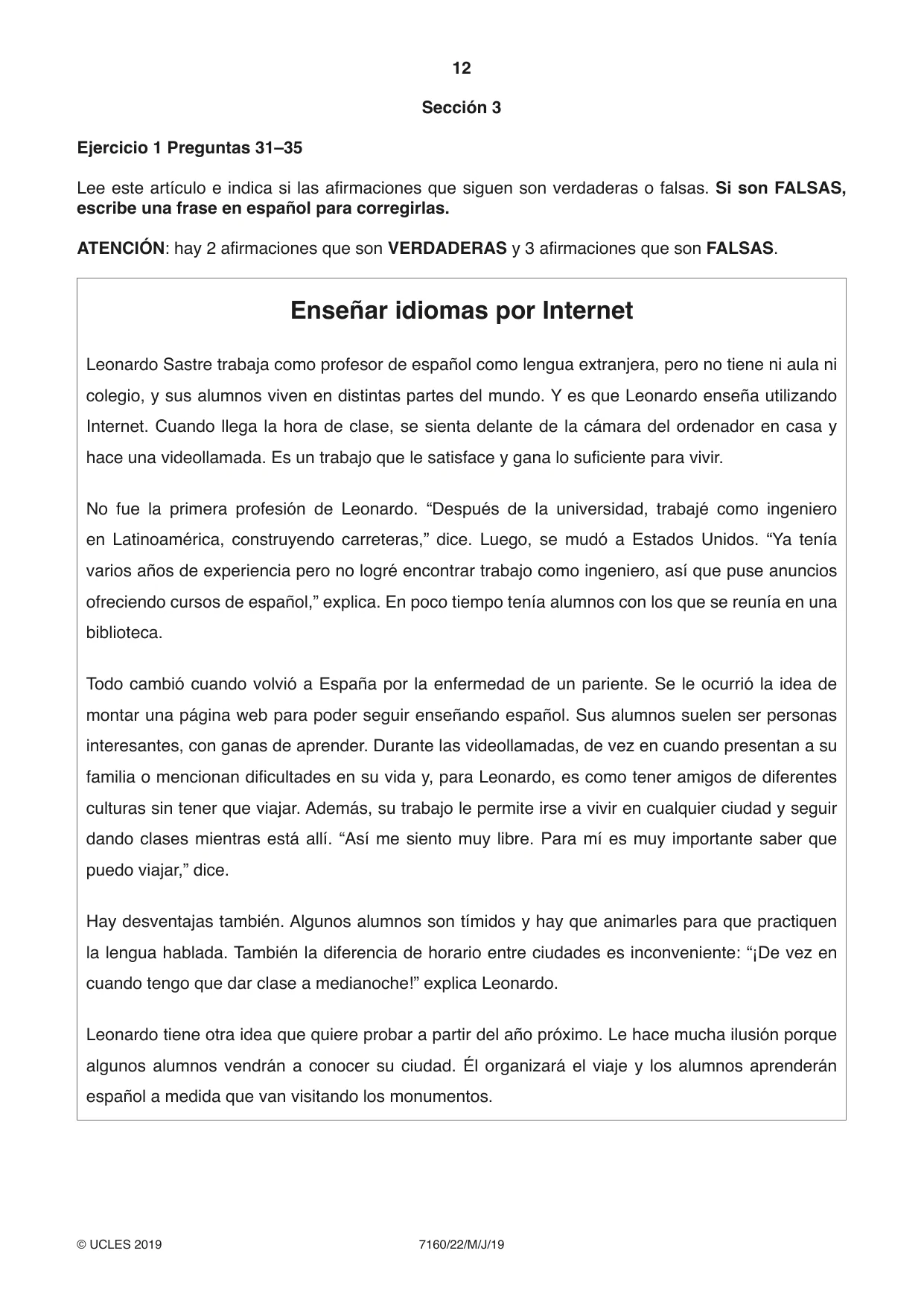 Cambridge IGCSE Spanish (9-1) 7160 2019 May/June Paper 2 · Variant 2 question paper, page 12 of 16