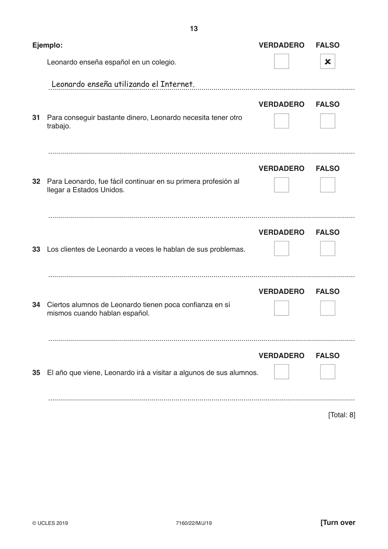 Cambridge IGCSE Spanish (9-1) 7160 2019 May/June Paper 2 · Variant 2 question paper, page 13 of 16