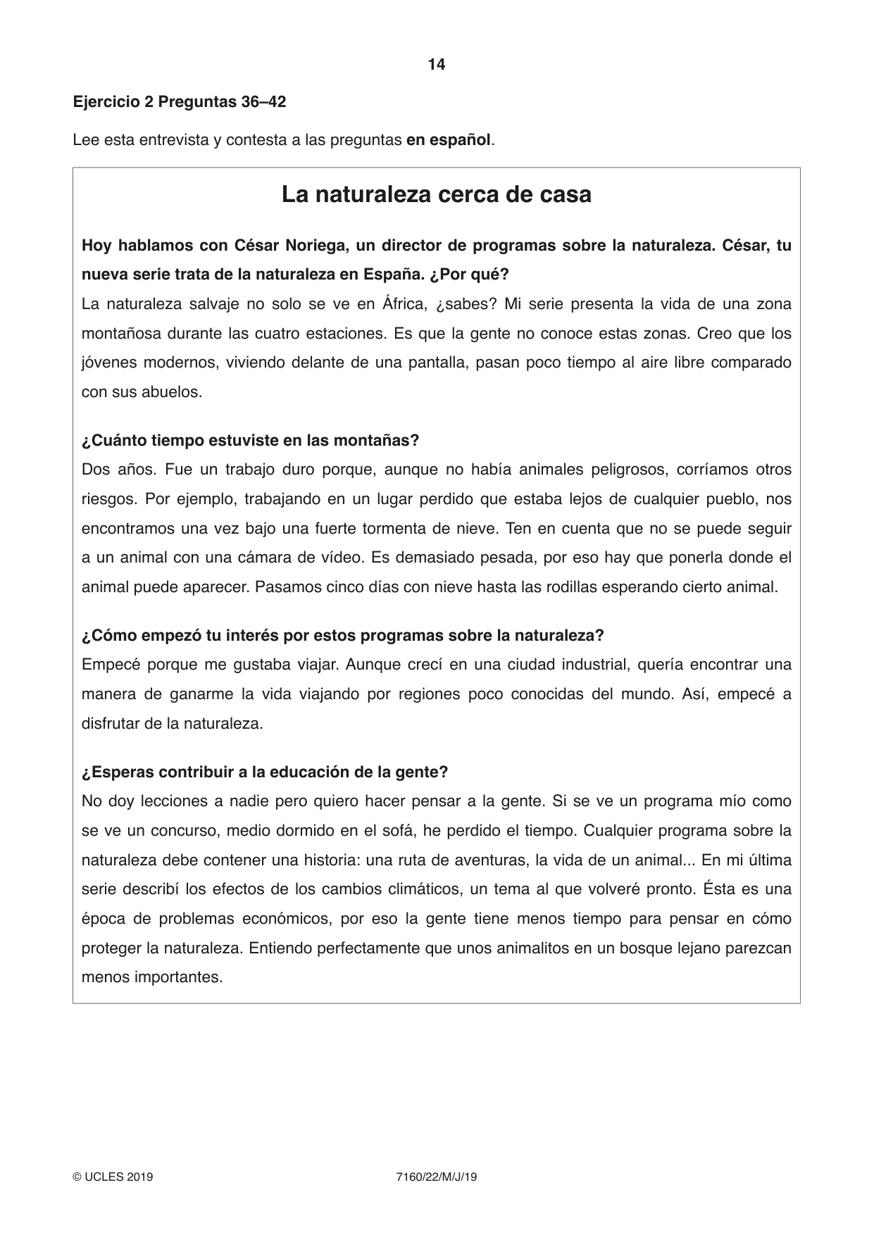 Cambridge IGCSE Spanish (9-1) 7160 2019 May/June Paper 2 · Variant 2 question paper, page 14 of 16